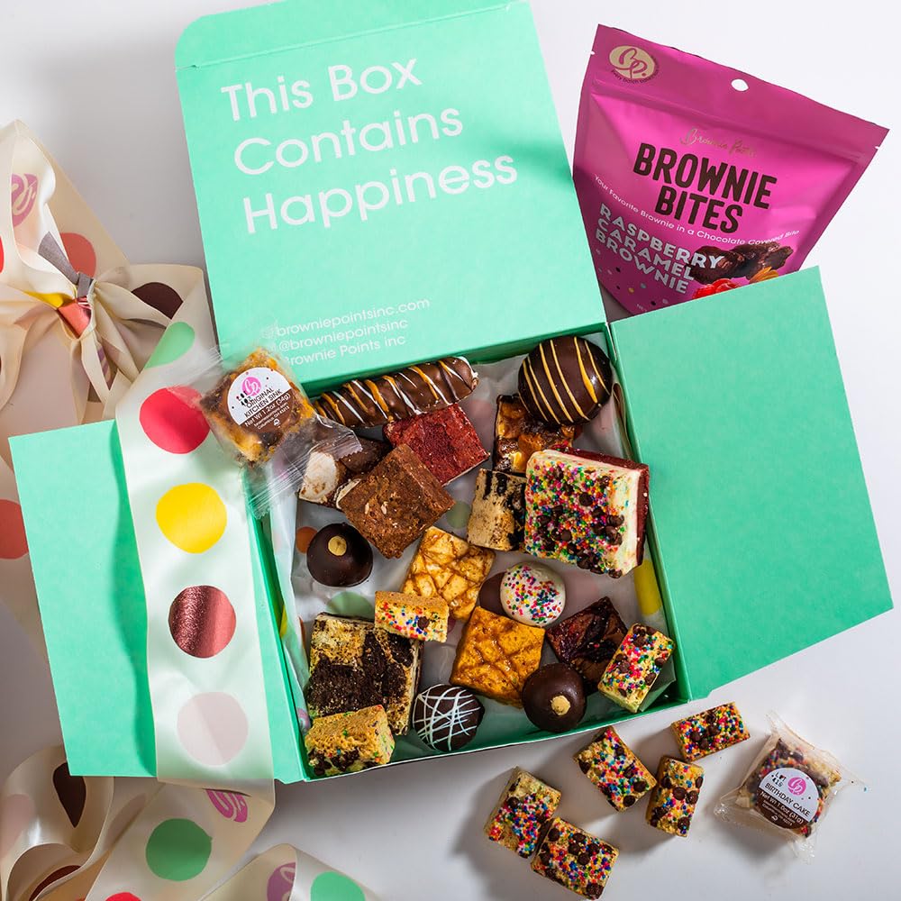 Brownie Points Sweet Treat Sampler Gift Box, Individually Wrapped Brownies, Bruffles, Buckeyes, Cookies, Schmurtles, Pretzels and more. Gift Box and Bow, Fudge Chocolate Brownies, Gourmet Sweet Desserts