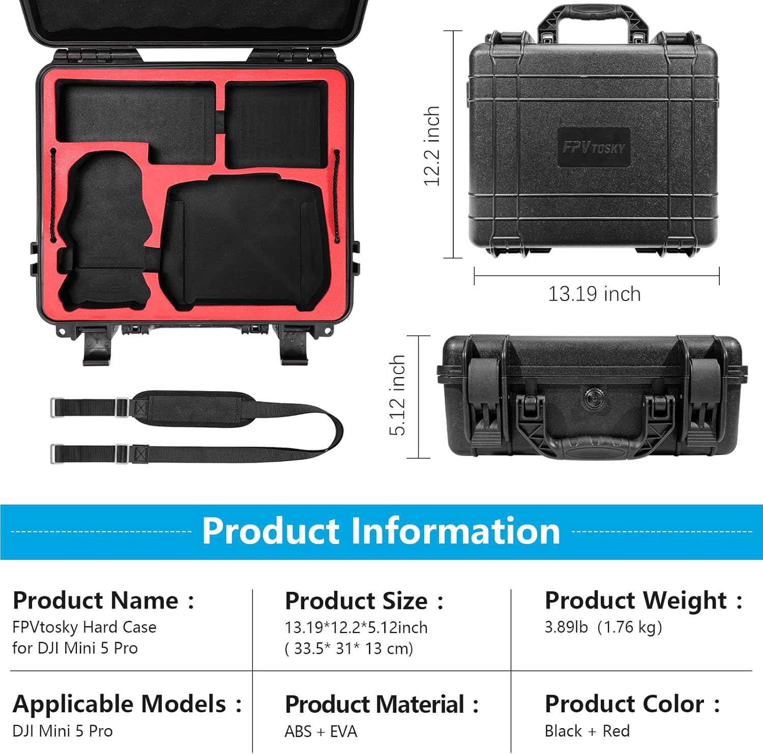 FPVtosky Dual Layer Hard Case for DJI Mini 5 Pro [CASE ONLY], Waterproof Carrying Case for Mavic Mini 5 Pro/Fly More Combo/Plus Drone, Compatible with DJI RC 2 or RC-N3 Controller Accessories - Image 6
