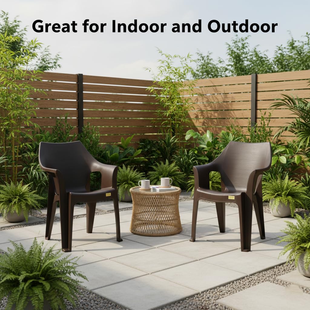 Patiofy Plastic Chair for Home & Outdoor Use | Heavy Duty Comfortable Chair with Strong Legs | Stackable, Easy to Clean | Suitable for Living Room, Balcony, Patio Pack of 2 (Oxford Brown) 1