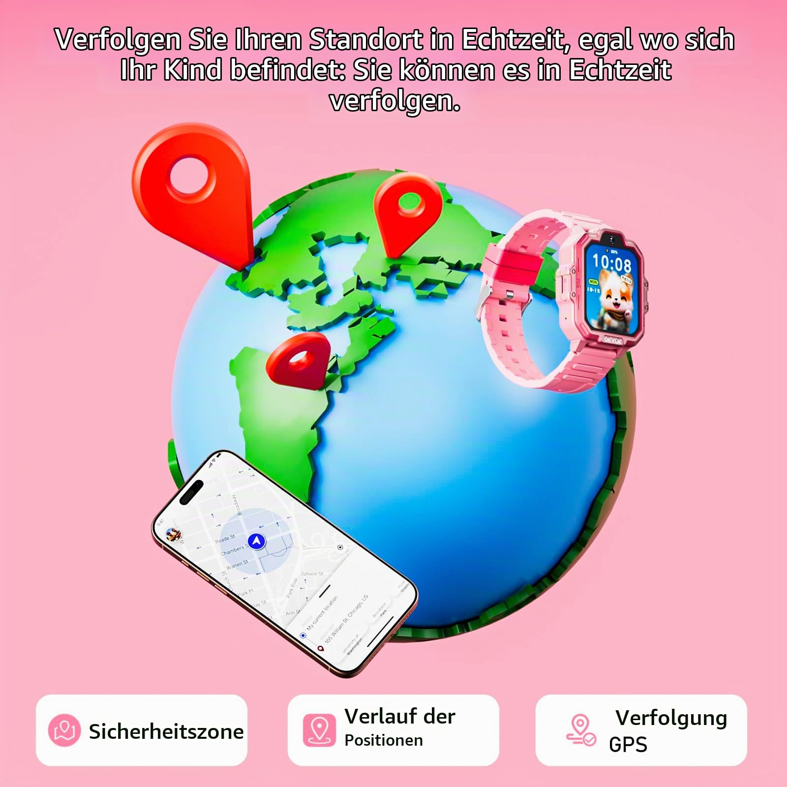 OKYUK T17 Smartwatch Kinder, 4G Kinder Smartwatch mit GPS & Videoanruf, SOS Notruf, Sprachchat, SMS, Schulmodus,Spiele & Panda-Ladestation, Kinderuhr für Mädchen und Junge (Rosa)
