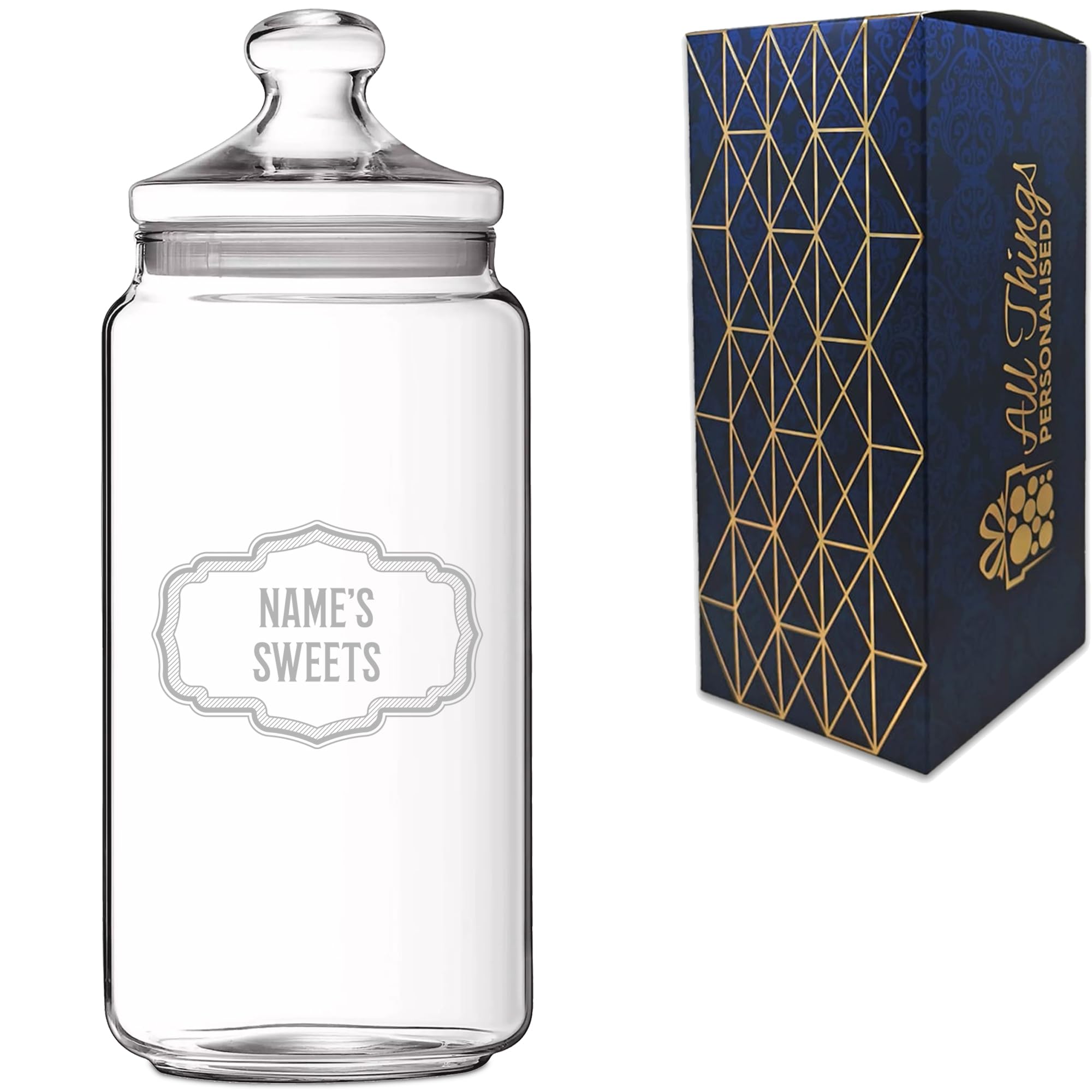 Personalised 1.5 Litre Glass Sweet Jar with Name's Sweets Retro Design, Custom Laser Engraved Treat Jar with Lid, Personalised Gift for Birthdays, Christmas or Retirements, Gift Box Included