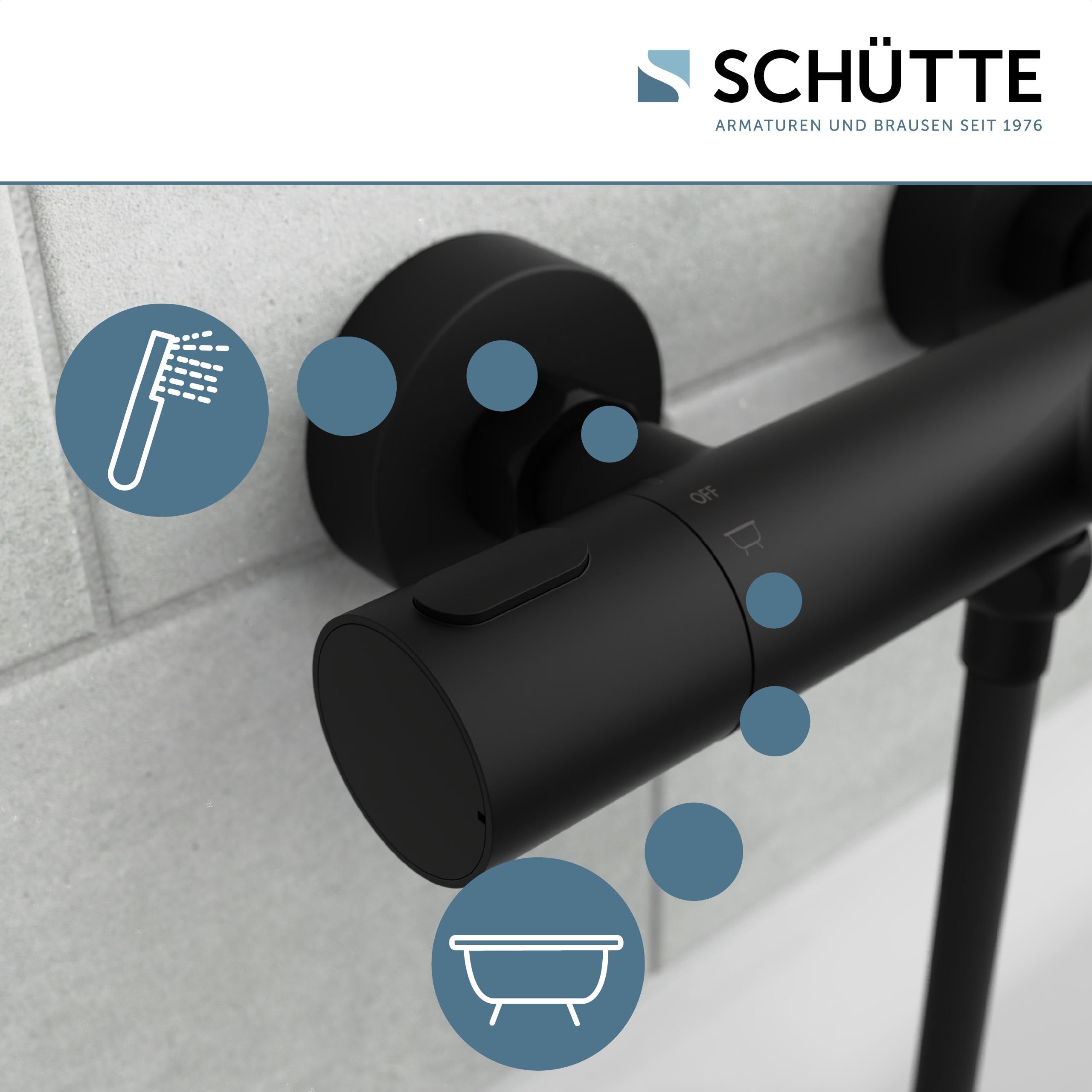 Schütte 33196 Badewannenarmatur Los Angeles mit Thermostat, Wannenarmatur Wannenthermostat mit Verbrühschutz bei 38℃, Mischbatterie Wasserhahn Armatur für Badewanne, Schwarz