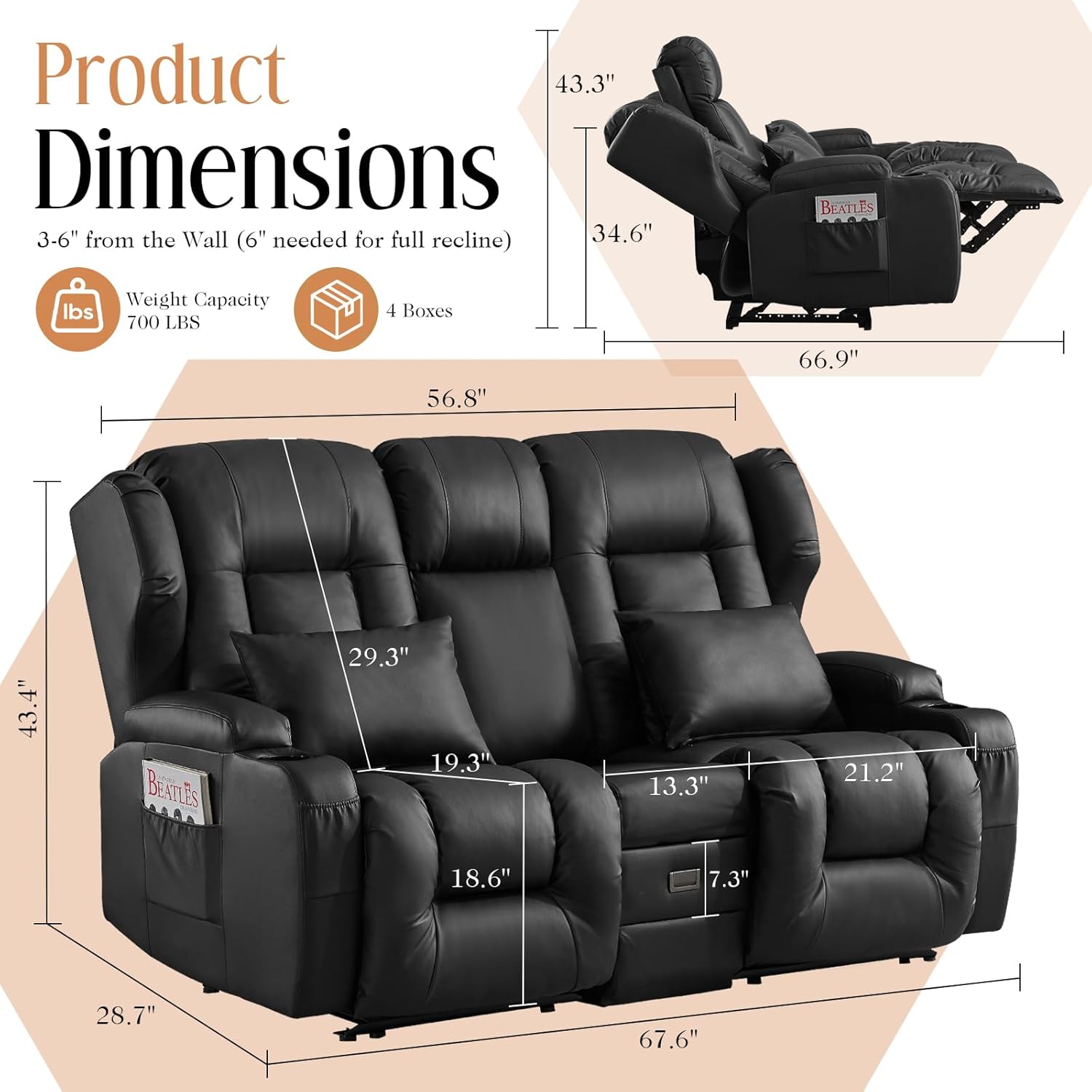67.6" RV Loveseat Recliner Sofa with Console, Doule Reclining Home Theater Seating with Foldable Backrest, Charge Outlet, Storage Drawer & Cup Holders for Living Room (Faux Leather, Black)