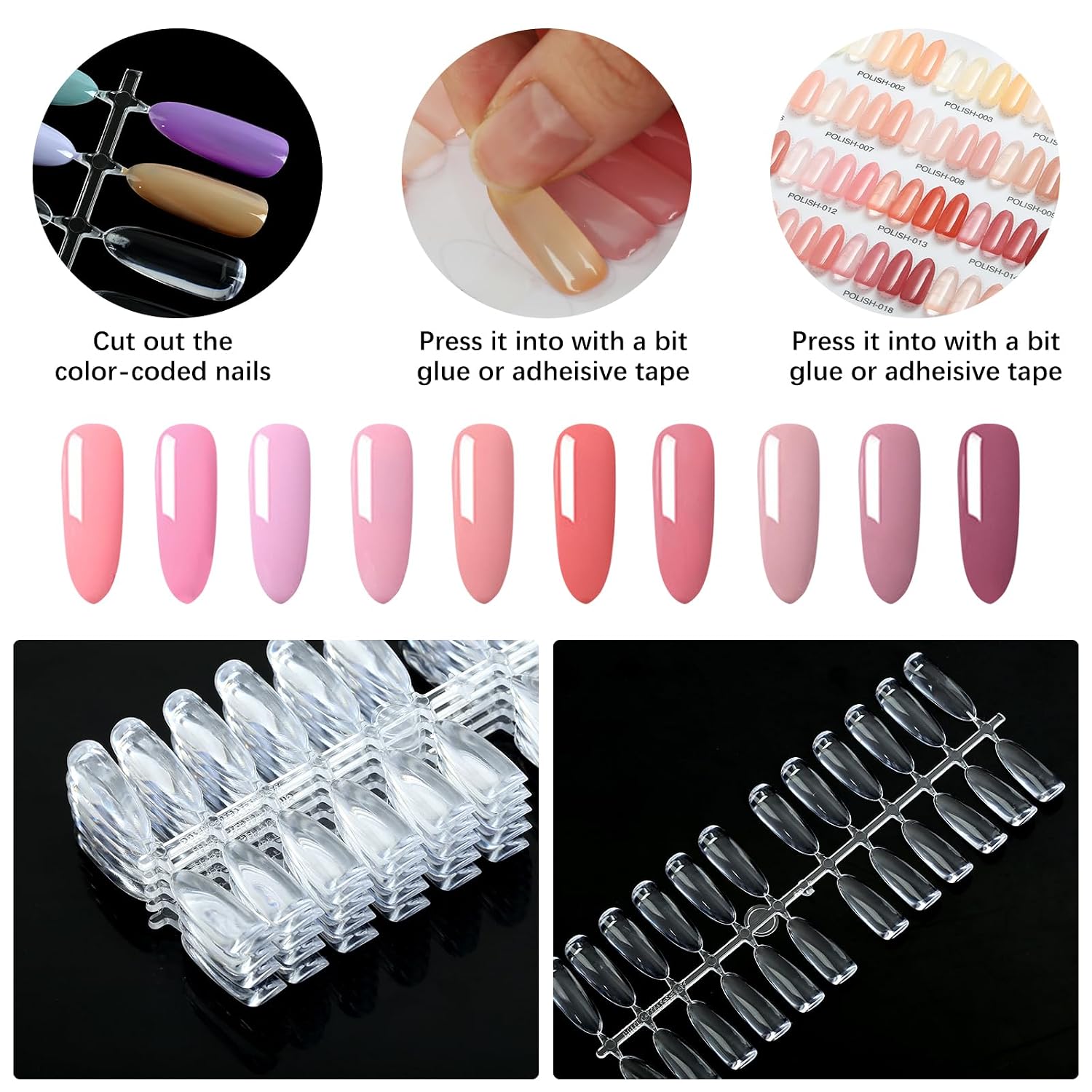 240PCS Flat Long Almond Nail Display Tips,Solid Clear Acrylic Nail Color Swatches for Nail Art Design Pattern Practice and Nail Display
