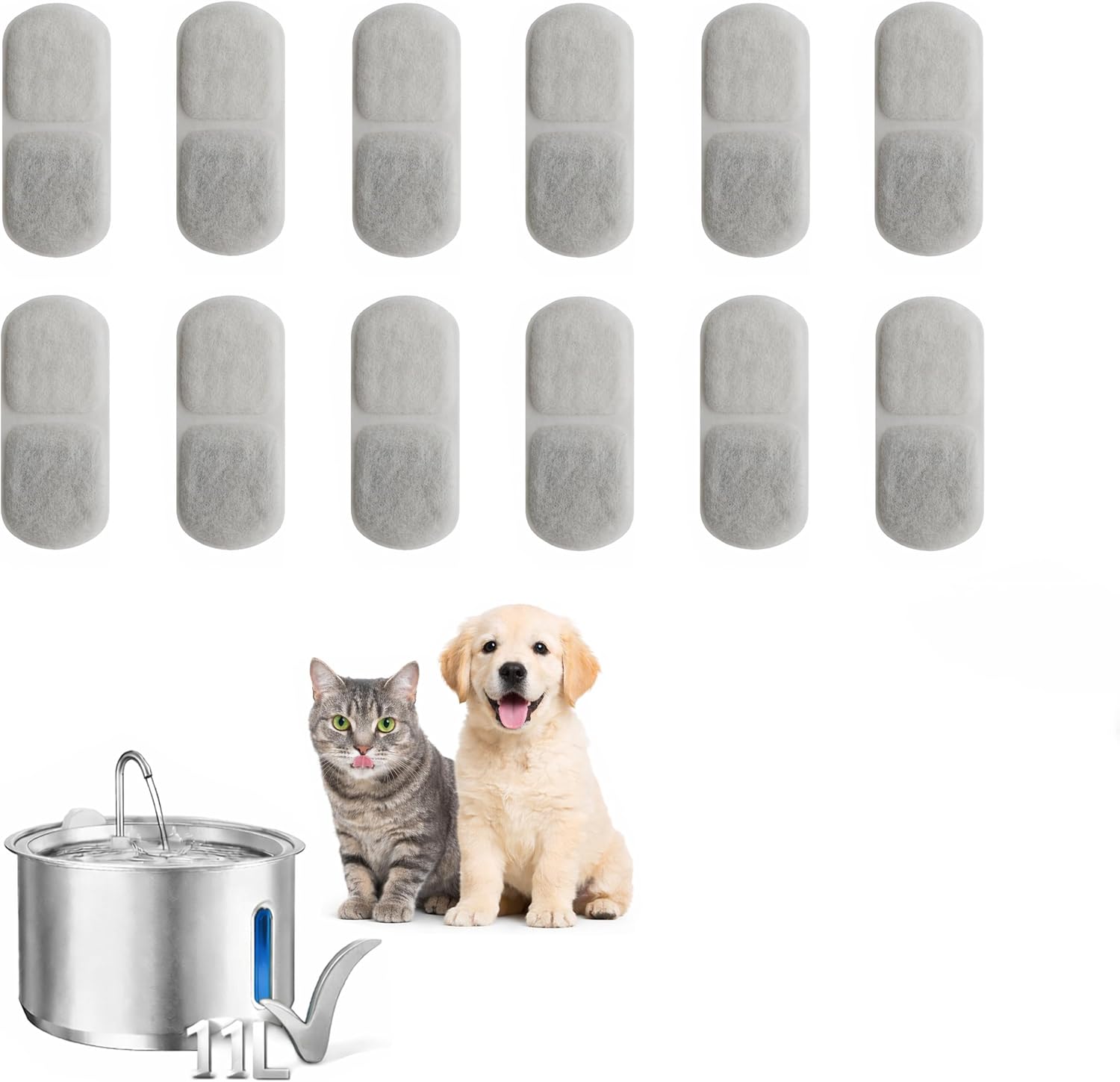 12-Pack Replacement Filters for Dog Water Fountain Large, 3-Stage Filtration (Resin + Activated Carbon + Sponge), Compatible with 11L & XL Dog Water Fountain, Large Capacity Pet Fountain