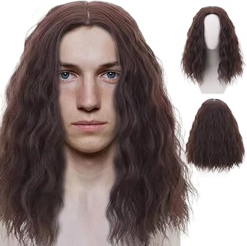 Brown Mid Length Curly Wig for Men - Adult Cosplay 70s 80s Synthetic Hair - Handsome Fluffy Soft Wave Layered Middle Part for Daily, Costume, Party, Halloween