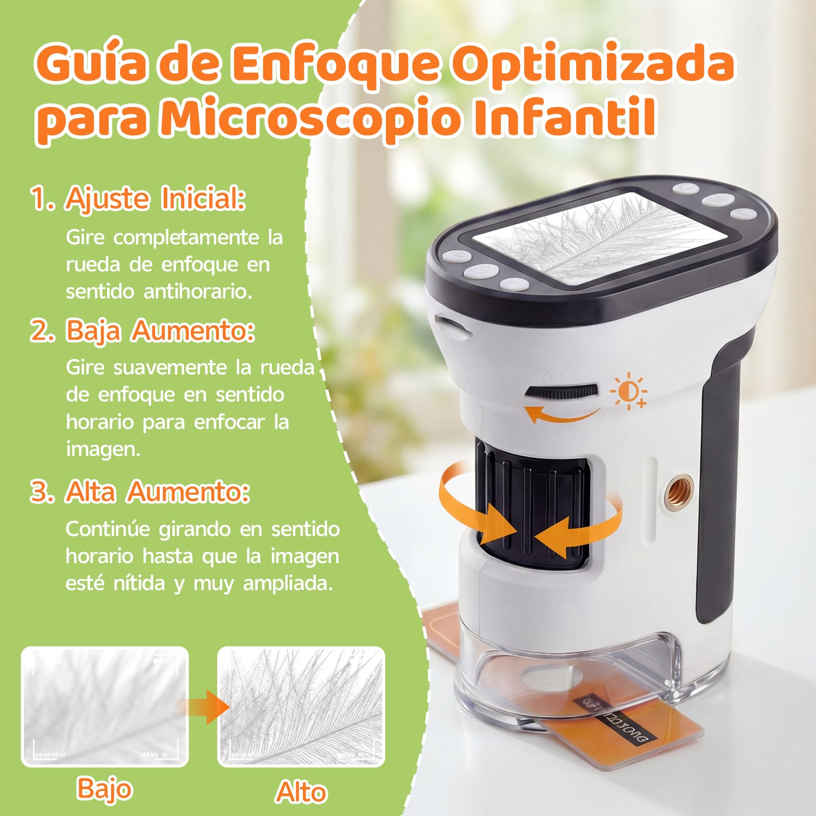 200x-1000x Microscopio para Niños, Pantalla IPS de 2 Pulgadas, con Trípode Mini y Tarjeta Micro SD 16GB, Juguetes Regalo Niños 4-12 Años
