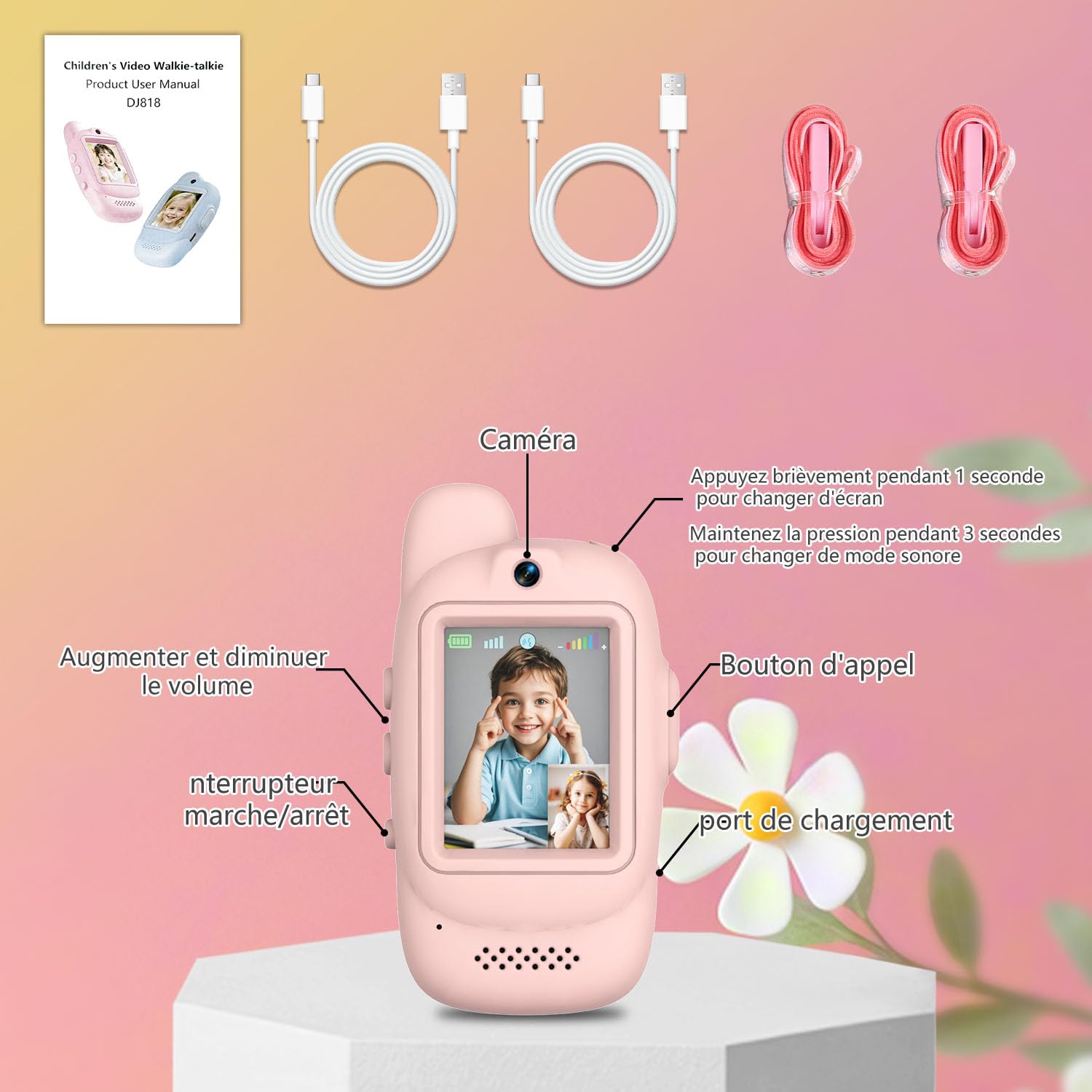 Talkies-walkies vidéo enfants, 2 packs de talkies walkies rechargeables à écran bidirectionnel, avec conversion vocale et fonction Écran D'affichage, adaptés aux garçons et filles de 3 à 12 ans