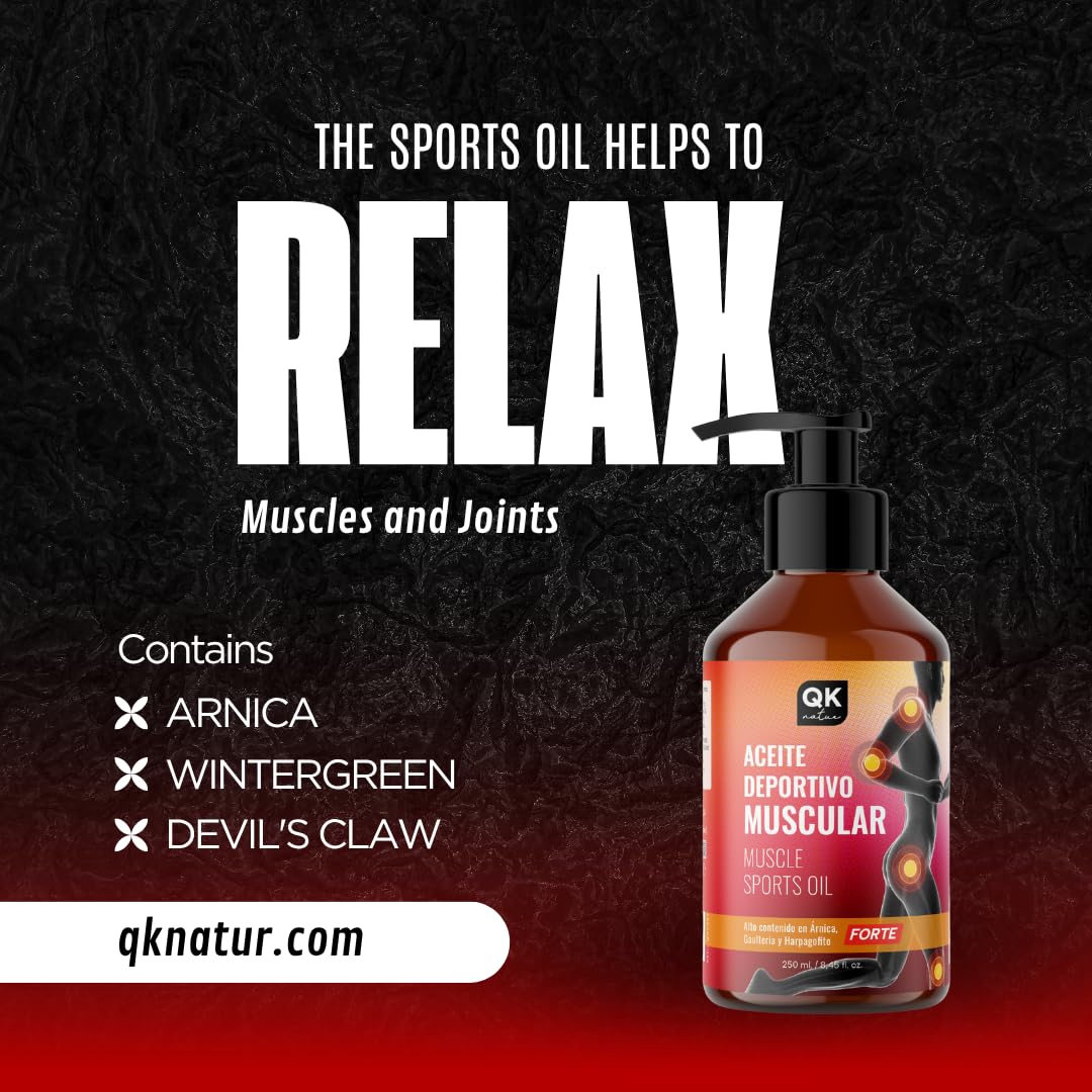 QKnatur - Olej do Sportów Mięśniowych (250 ml). Kombinacja olejków naturalnego pochodzenia do masażu mięśni - zawiera arnikę, Wintergreen i diabelski pazur