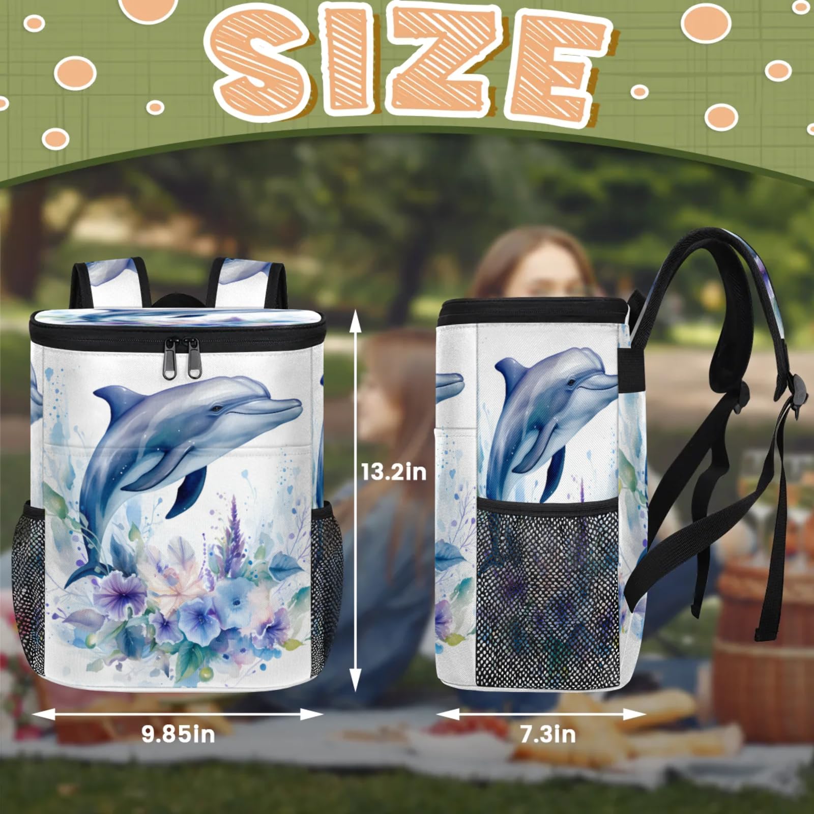 CNNINGYI Insulated Cooler Backpack 30 Cans, Cute Dolphin Leak Proof Cooler Bag, Lightweight Backpack Coolers for Picnic Fishing Hiking Camping Park Beach, Dolphin