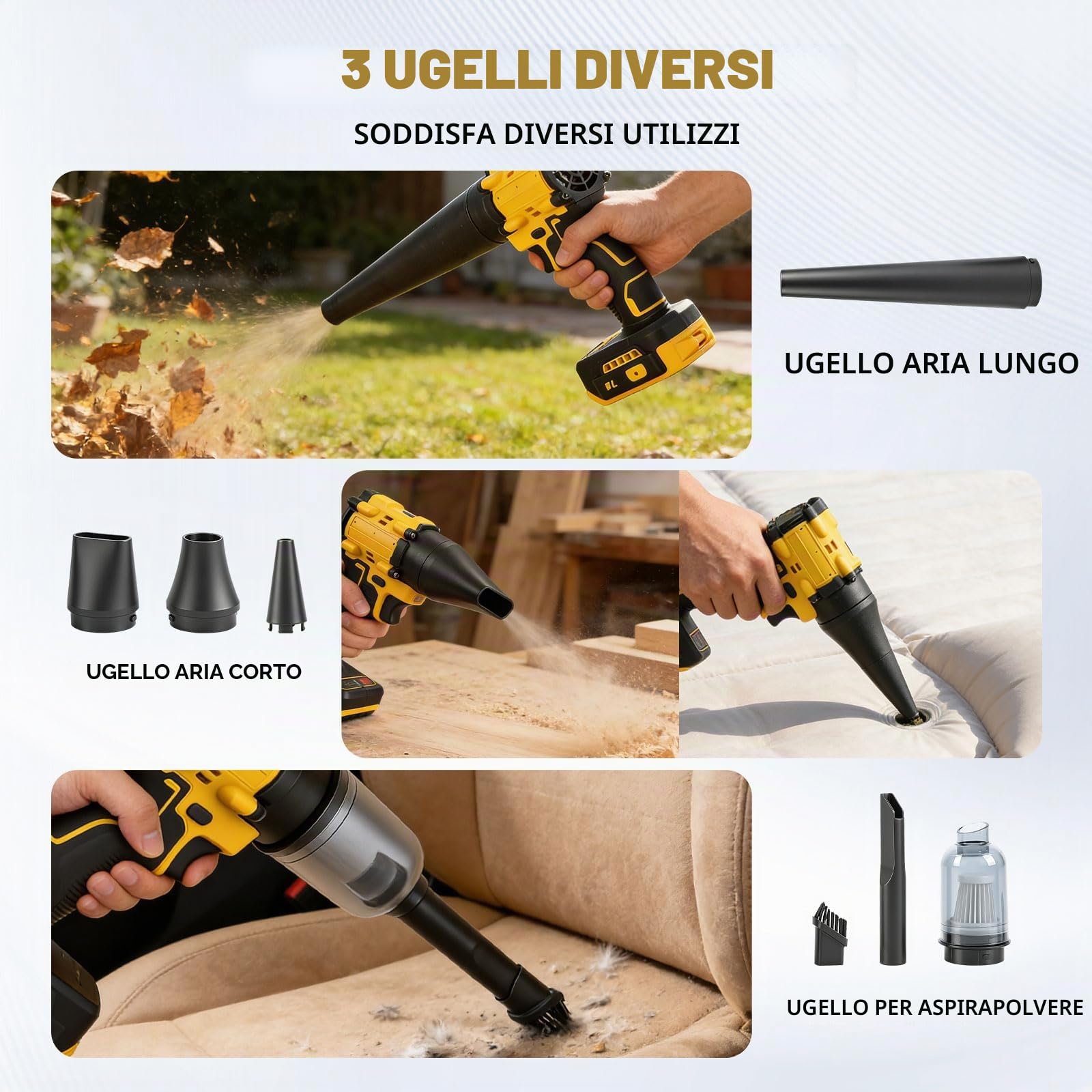 Ventilatore senza fili e aspirapolvere 2 in 1 compatibile con batteria Dewalt 18 V, 150 W, senza spazzole, con 5 ugelli per auto, campeggio, officine, tastiere (senza batteria)