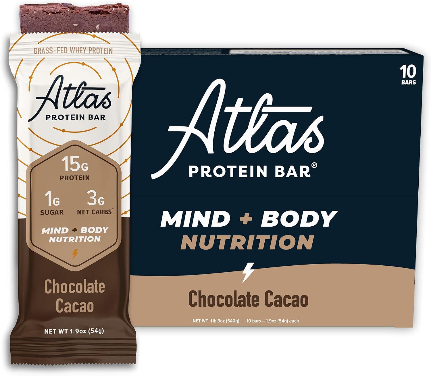 Atlas Protein Bar Mind + Body Fuel, Chocolate Cacao, Erythritol Free, High Protein, Low Sugar, Low Carb, Keto, Gluten Free (10 Count)