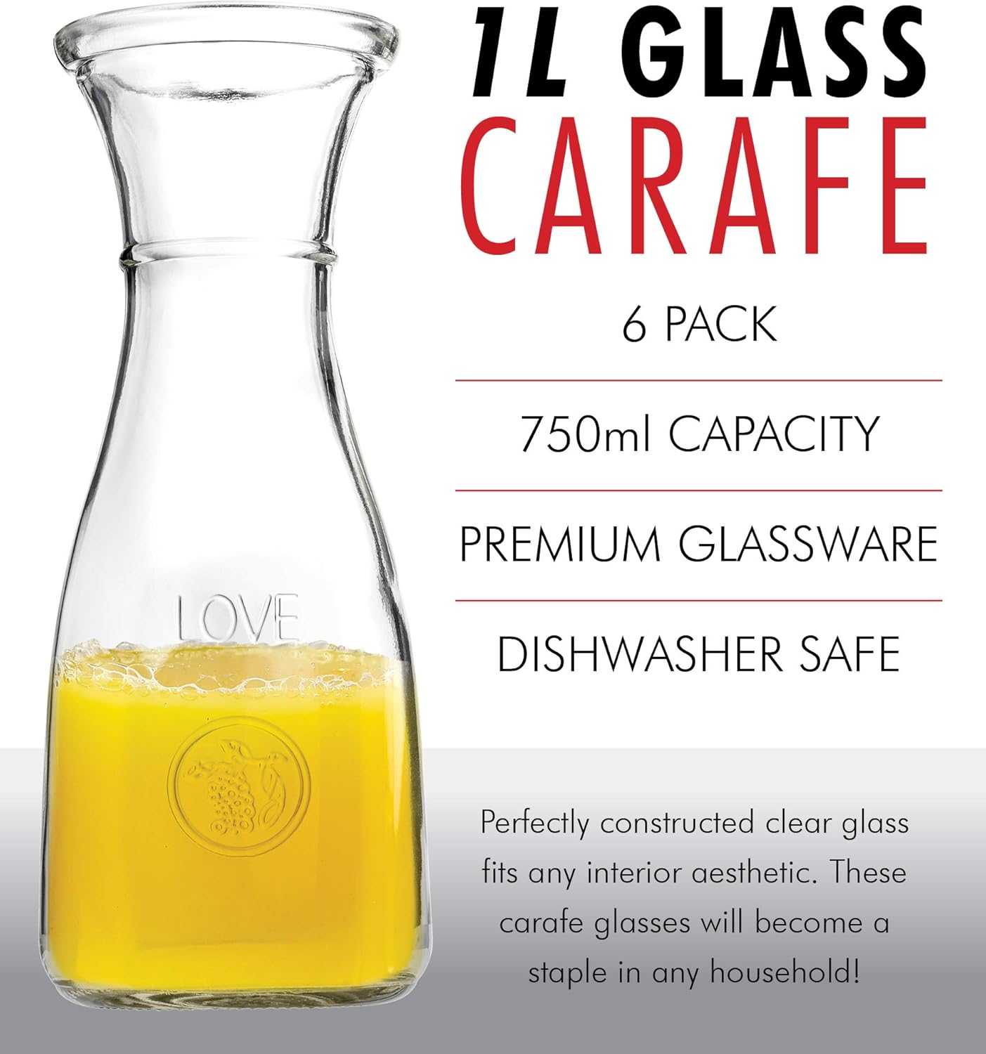 Suреr Chеар 🛒 Clear Glass Carafe Drink Pitcher Elegant Wine Decanter - Pack of 6 - 750ml LOVE Themed bottle w/Narrow Neck For Easy Grip, Wide Mouth for Classic Pouring - by Kitchen Lux