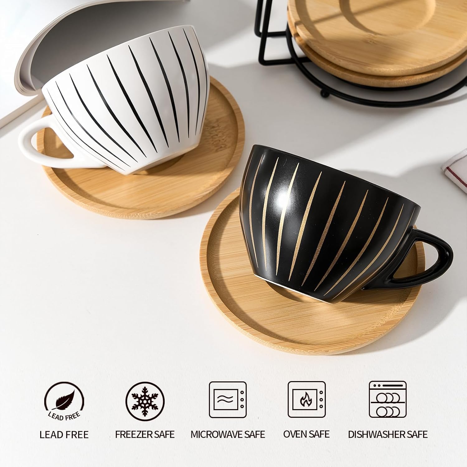 LUKA Ceramic Demitasse Espresso Cups Set with Saucers and Metal Stand, 8 oz Porcelain Cappuccino Cups Teacup For Tea, Espresso, Latte, Coffee, Cafe Mocha, Set of 4, Stripe White & Black - Image 2