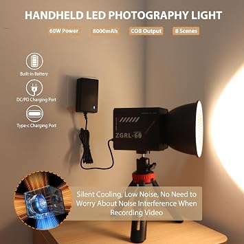 60W COB LED Video Light Handheld Portable with 8000 mAh Battery Dual-Color Photography Lighting Spotlight for Studio, Streaming, Phone Video, 2800K-6500K, 8 Lighting Effects, CRI 95