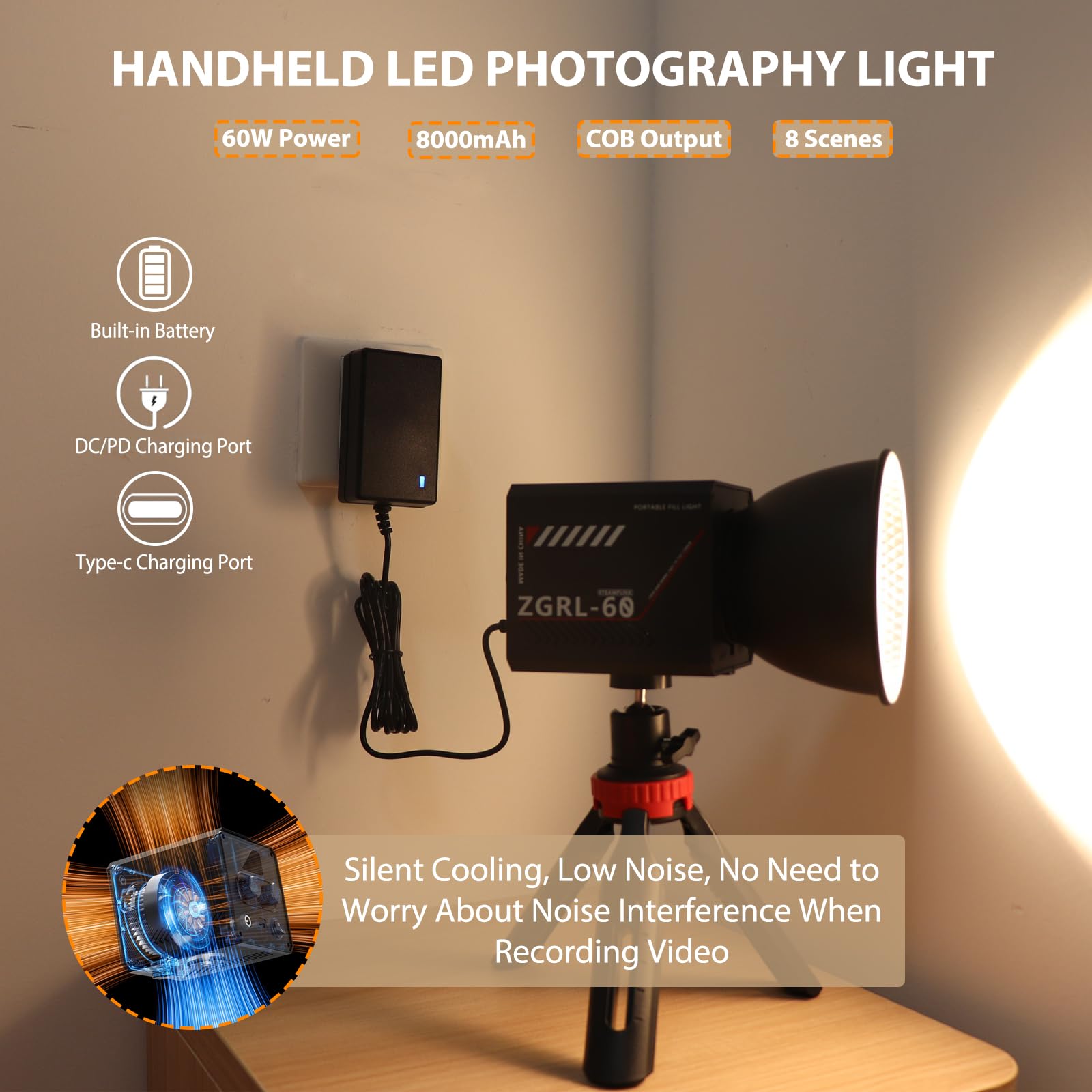 Luce video portatile COB LED da 60 W con batteria da 8000 mAh Dual Color Photography Lighting Spotlight per studio, streaming, video telefonico, 2800K-6500K, 8 effetti di illuminazione, CRI ≥95