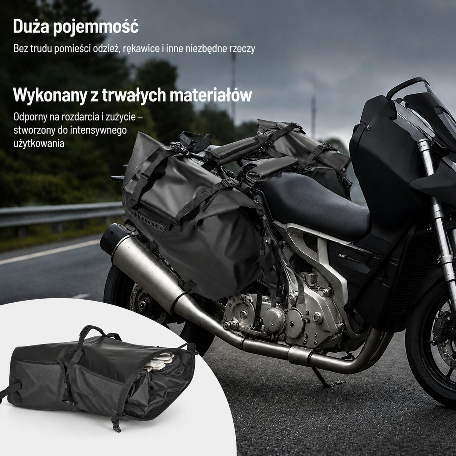 Zestaw 2 czarnych sakw motocyklowych po 14 l, 28 l łącznie, z PVC z matową siatką, dolnymi paskami montażowymi i miejscem na bagaż