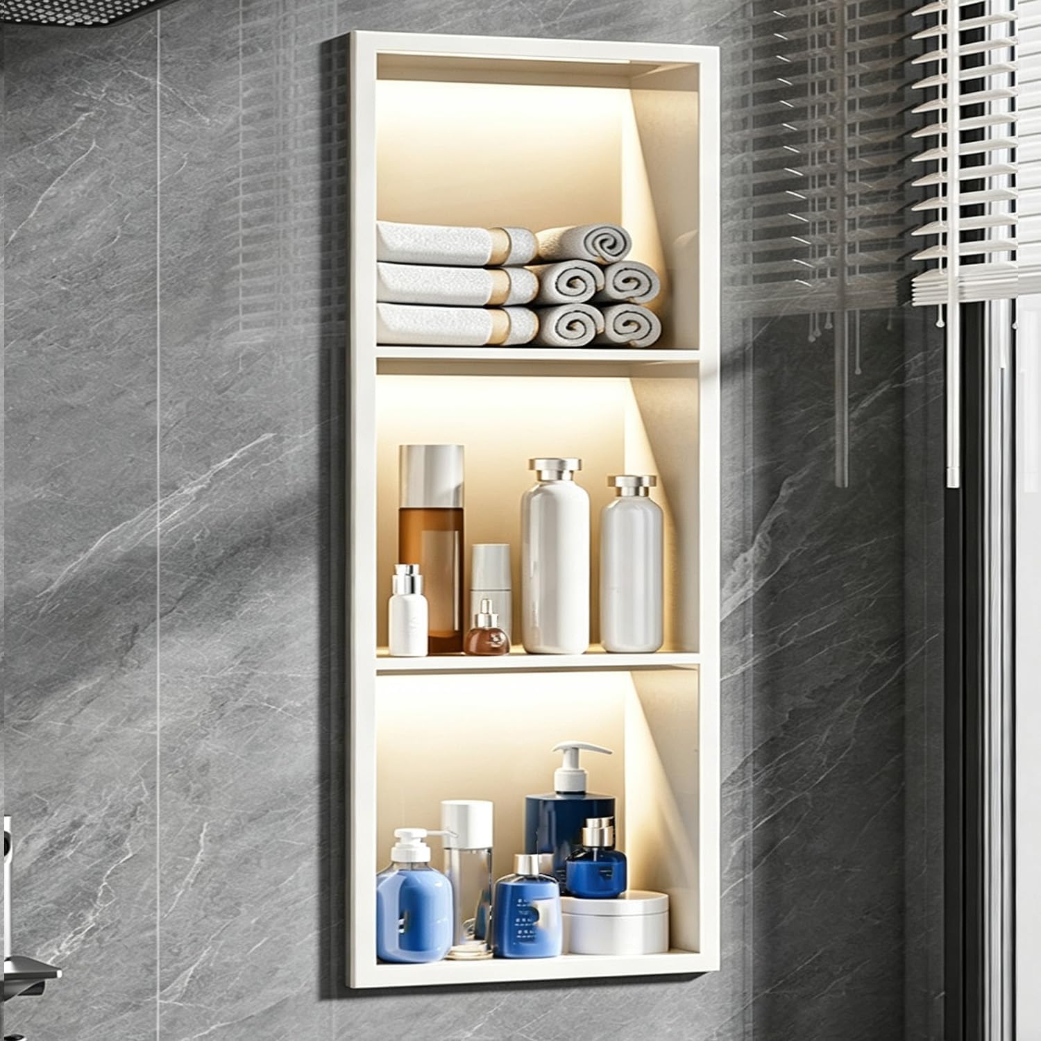 Three-Tier with LED lightsGunmetal Gray, off-white11 x 35.4 inches304 Stainless Steel Shower NicheBuilt-in Shower ShelfFor Bathroom StorageNo Tiling Required,Offwhite,280 x 900 x 125 mm