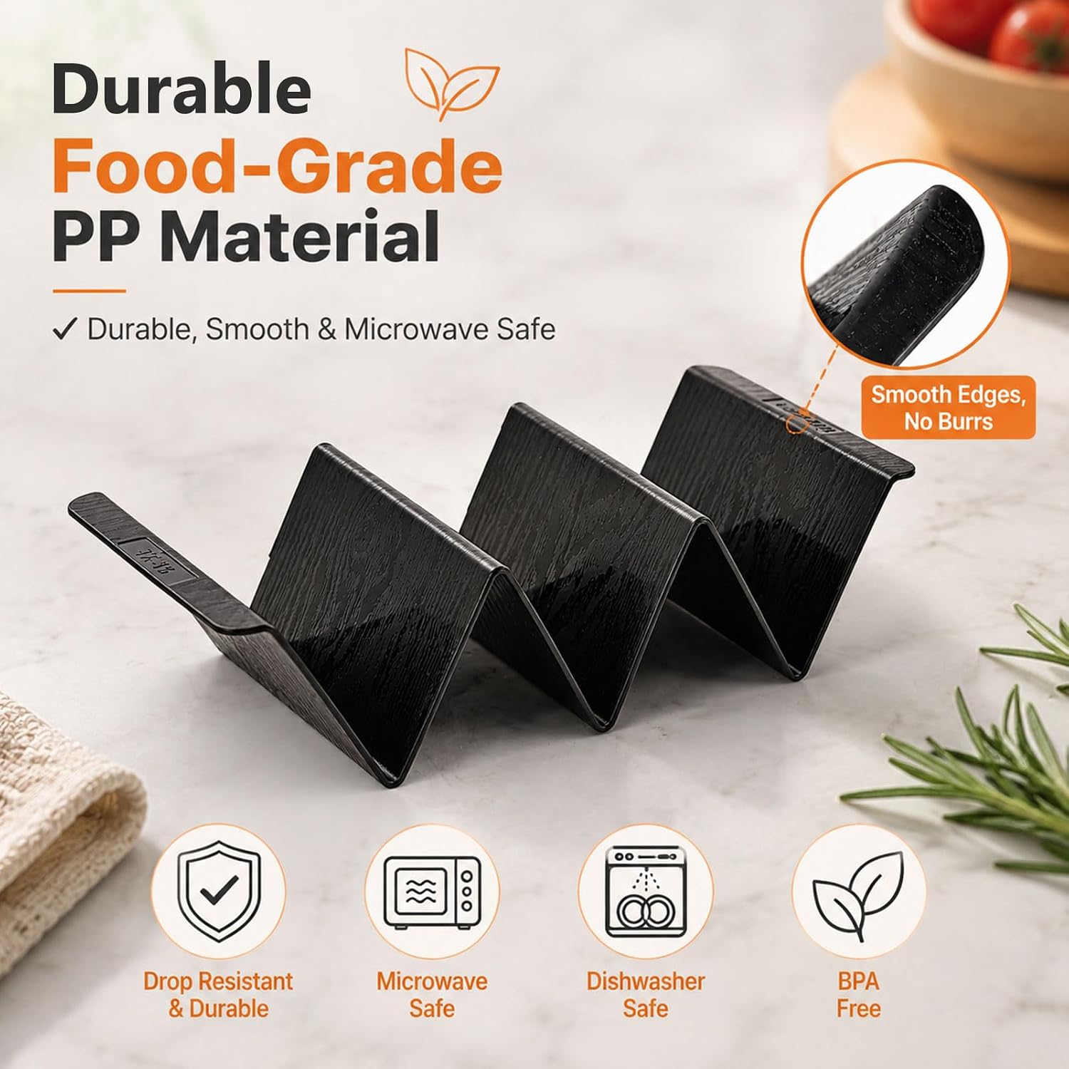 6 Pcs Taco Holder Stands, Stylish Taco Shell Holders for 3 Tacos, Black Large Tray Plates Plastics Holder for Baking, Dishwasher and Microwave Safety image 3