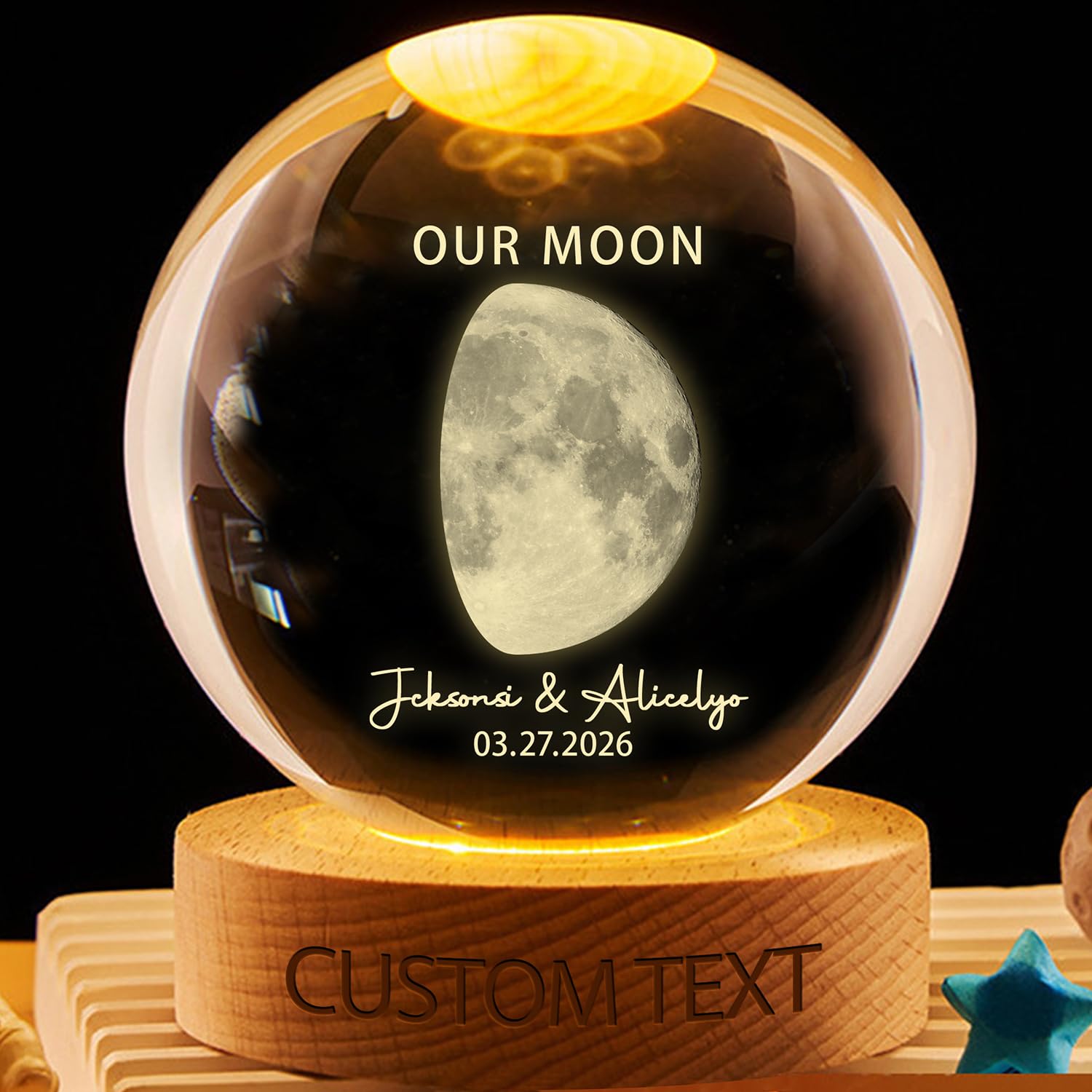 Personalized Our Moon Phase Special Date Valentines Couple Crystal Ball LED Night Light, Custom The Day We Met Valentines Day Our Moon Phase Crystal Globe Lamp Gift for Her, Wife (Style 01)