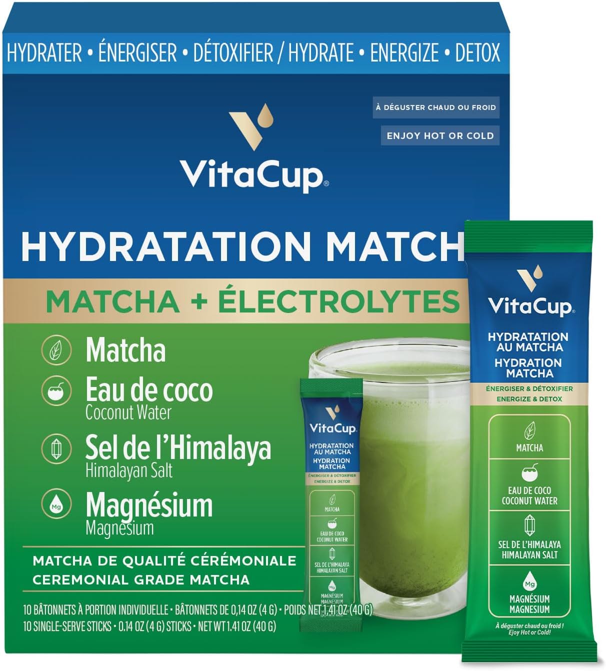 VitaCup Hydration Matcha Instant Packets, for Natural Energy and Detox, w/Electrolytes, Ceremonial Grade Organic Matcha, Coconut Water, Pink Himalayan Salt, Magnesium, in Single Serve Sticks, 10 Ct
