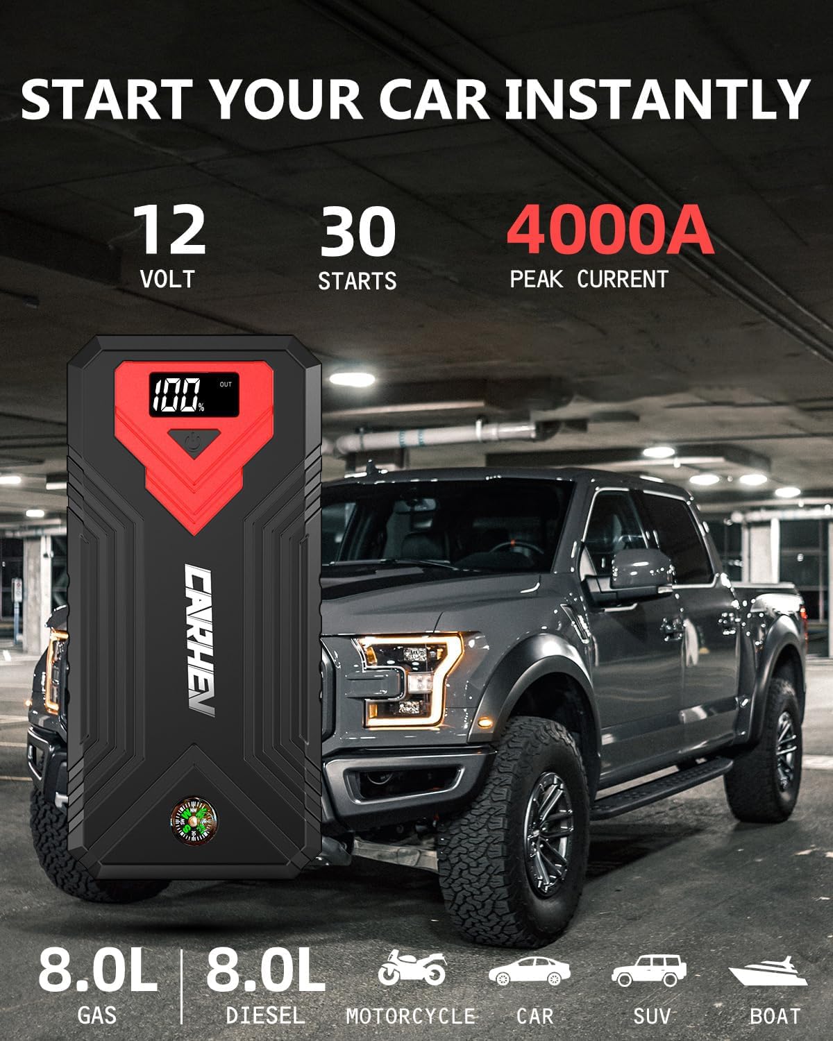 CARHEV Booster Batterie Voiture 4000A, Démarreur de Voiture (Jusqu’à 8.0L Essence & 8.0L Diesel), 12V Car Jump Starter avec Pinces de Sûreté Intelligentes, Lumière LED à 3 Modes