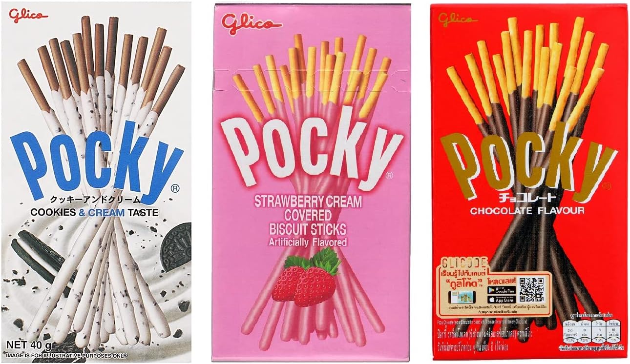 Pocky Sticks Variety Pack Coverd With Crunchy Biscuit, Chocolate, Strawberry, Cookies & Cream 70 Grams Each Pack Of 3