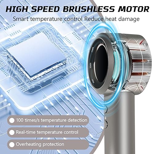 Miniatura 6 de Secador de pelo iónico sin cuchillas, difusor de 110,000 rpm, iones negativos de 984.3 ft, cable de 6.5 pies, 3 ajustes de calor y 3 velocidades,
