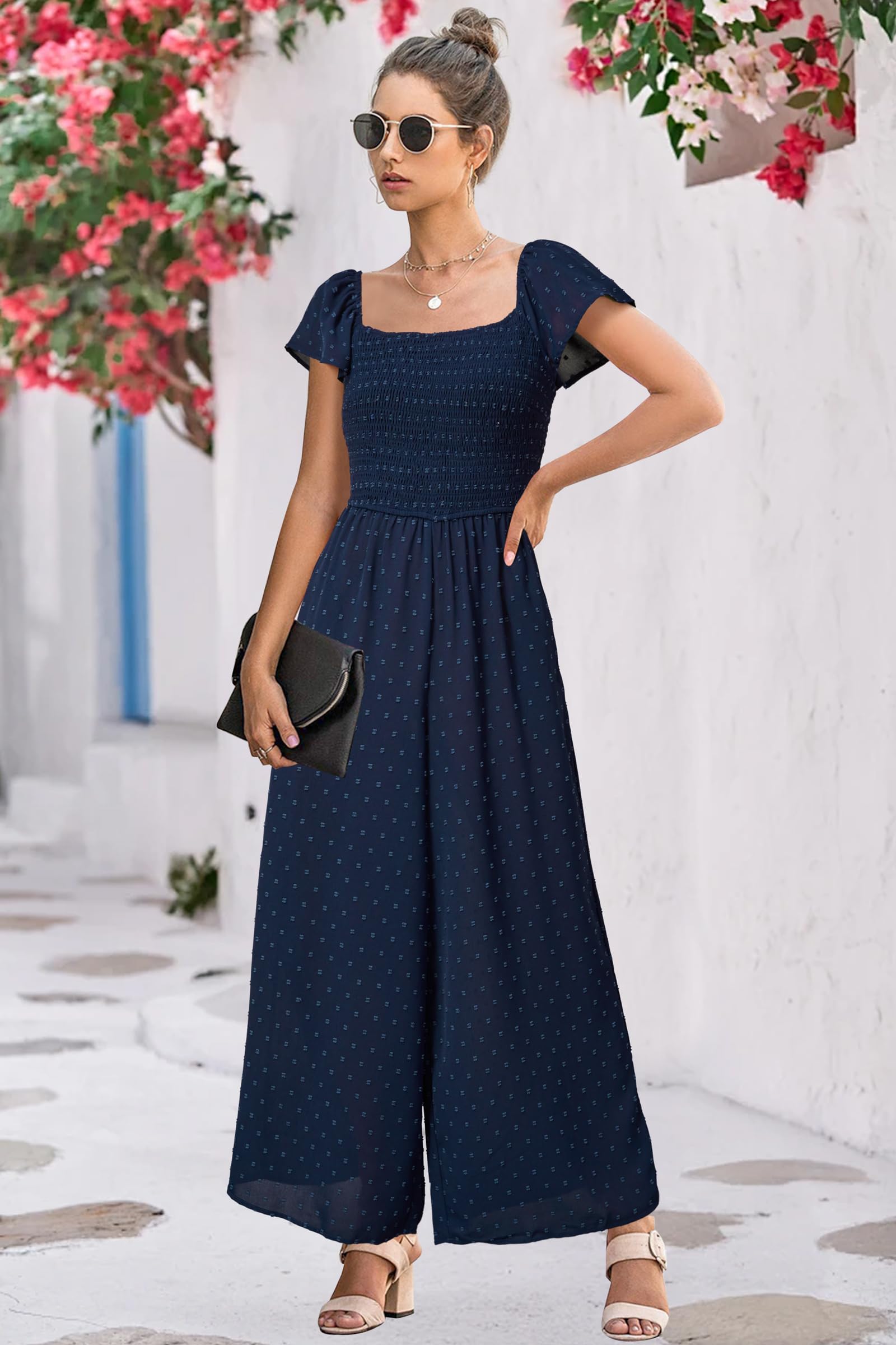 VOTEPRETTY Jumpsuit Damen Elegant Sommer Kurzarm Quadratischer Ausschnitt Overall Weites Bein Lang Outfits mit Taschen