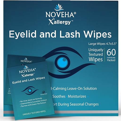 NOVEHA 60Pcs Allergy Relief Eyelid Wipes | Pre-moistened Hypoallergenic Eye Cleansing Pads, Reduce Itchiness, Redness & Discomfort Caused By Allergy, Clean, Soothe & Remove Debris (1 Pack)