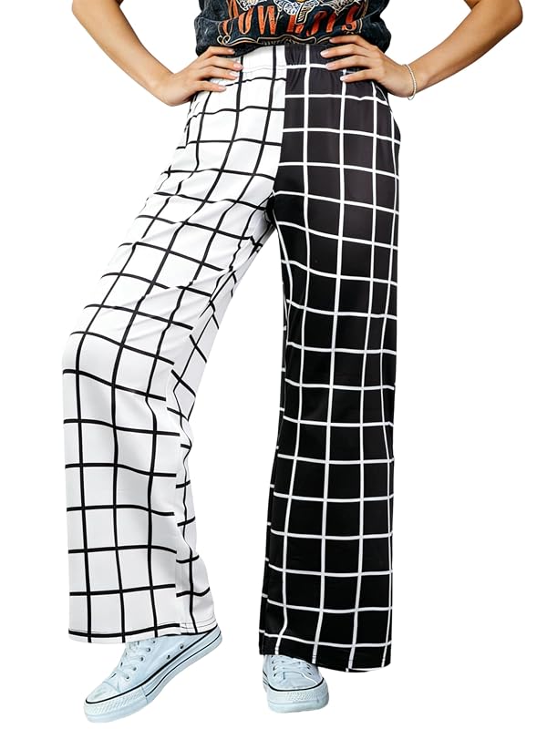 IWOLLENCE Women's Plaid Color Contrast Pants High Waist Wide Legs Funny Checkered Patterned Pant Gingham Preppy Teacher Sweatpants with Pockets Black White, L by IWOLLENCE - Used condition - US$26.01