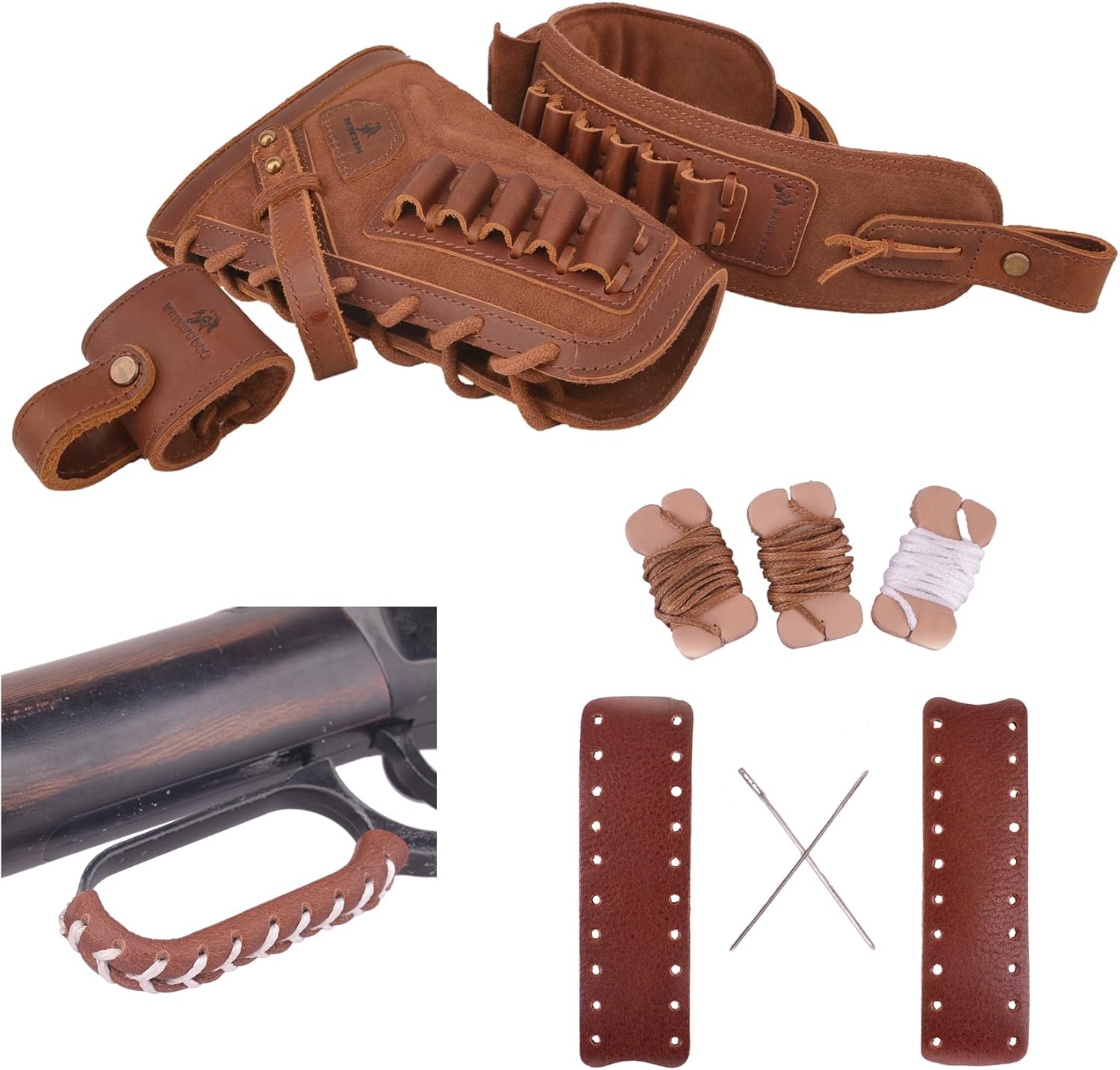 Leather Gun Buttstock Cheek Rest Pad with Barrel Mount and Sling, Leather Lever Action Wrap