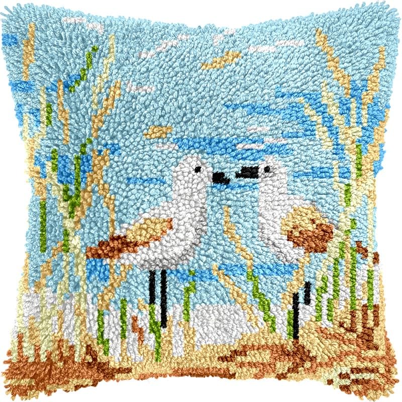 Seaside Seagulls DIY Latch Hook Pillow Kits for Adults Pillow Cover Preprinted Pillowcase Crochet Yarns Latch Hooking Cushion Making for Home Decor 17x17inch(x223)