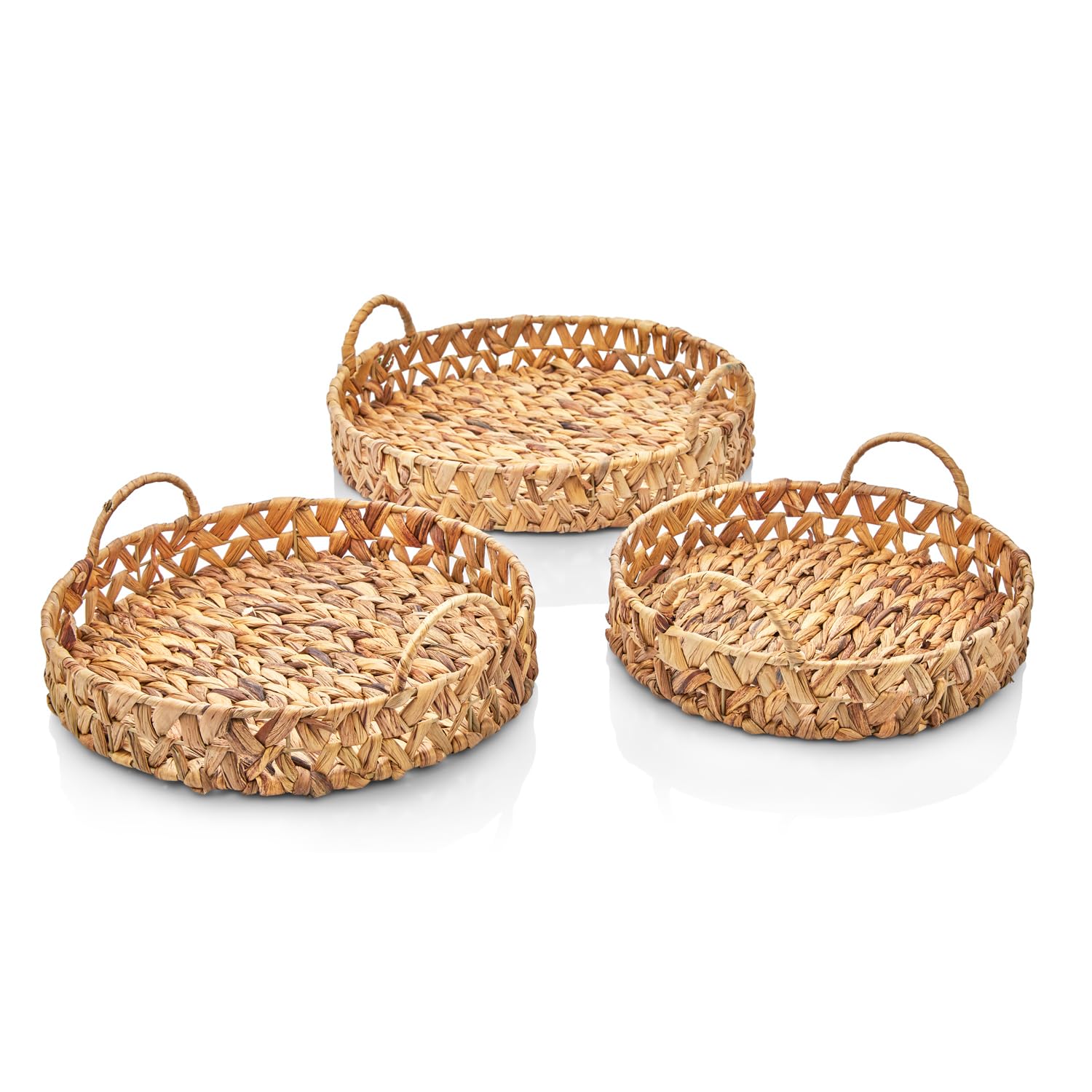 Deconox 3'lü Rustik El Yapımı ve Doğal Yuvarlak Hasır Kulplu Tepsi Seti, 3'lü Hasır Yuvarlak Kulplu Tepsi Seti, Rattan 3 Boy Tepsi (38 * 6cm-34 * 6cm-30 * 24 * 6cm)