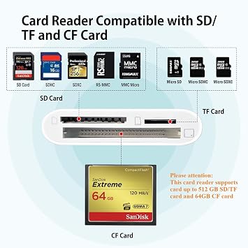 Coverzone Type C Card Reader 3in1, CF TF SD Card Reader Compatible with iPad, SD Card Adapter, Memory Card Reader Type C Compatible with iPhone (ZR498 - Type-C Cable)