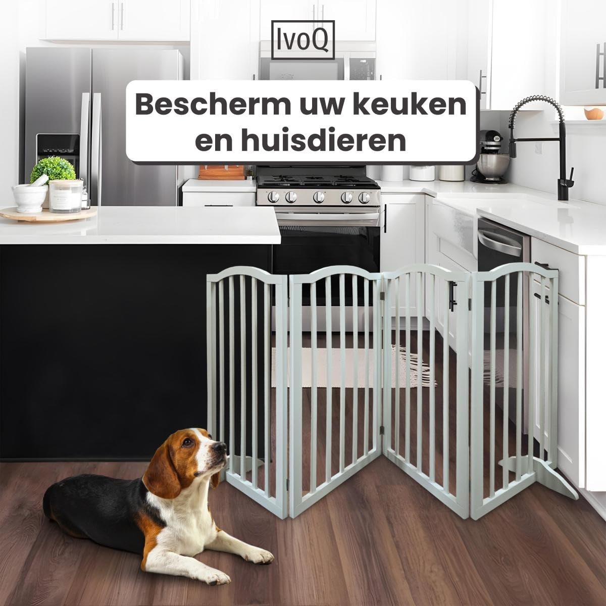 Recinzione di sicurezza pieghevole in legno per animali domestici, griglia autoportante senza fori, 4 pannelli (46-185,5 cm) - MDF bianco, barriera per cani e gatti per porta, corridoio o cucina