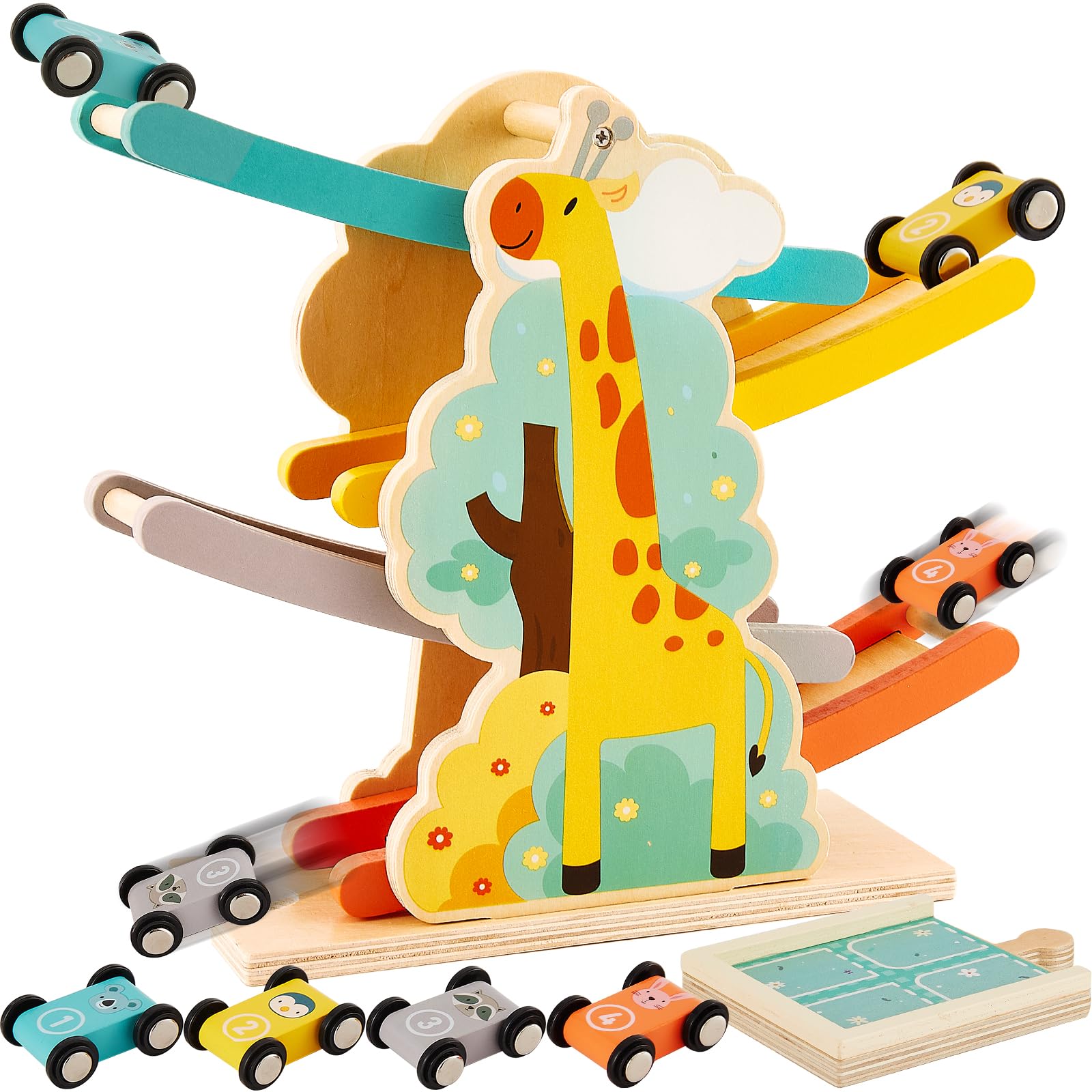 Pista Per Auto In Legno, Giochi Per Bambini Ramp Racer Con 4 Macchinine E 3 Palle