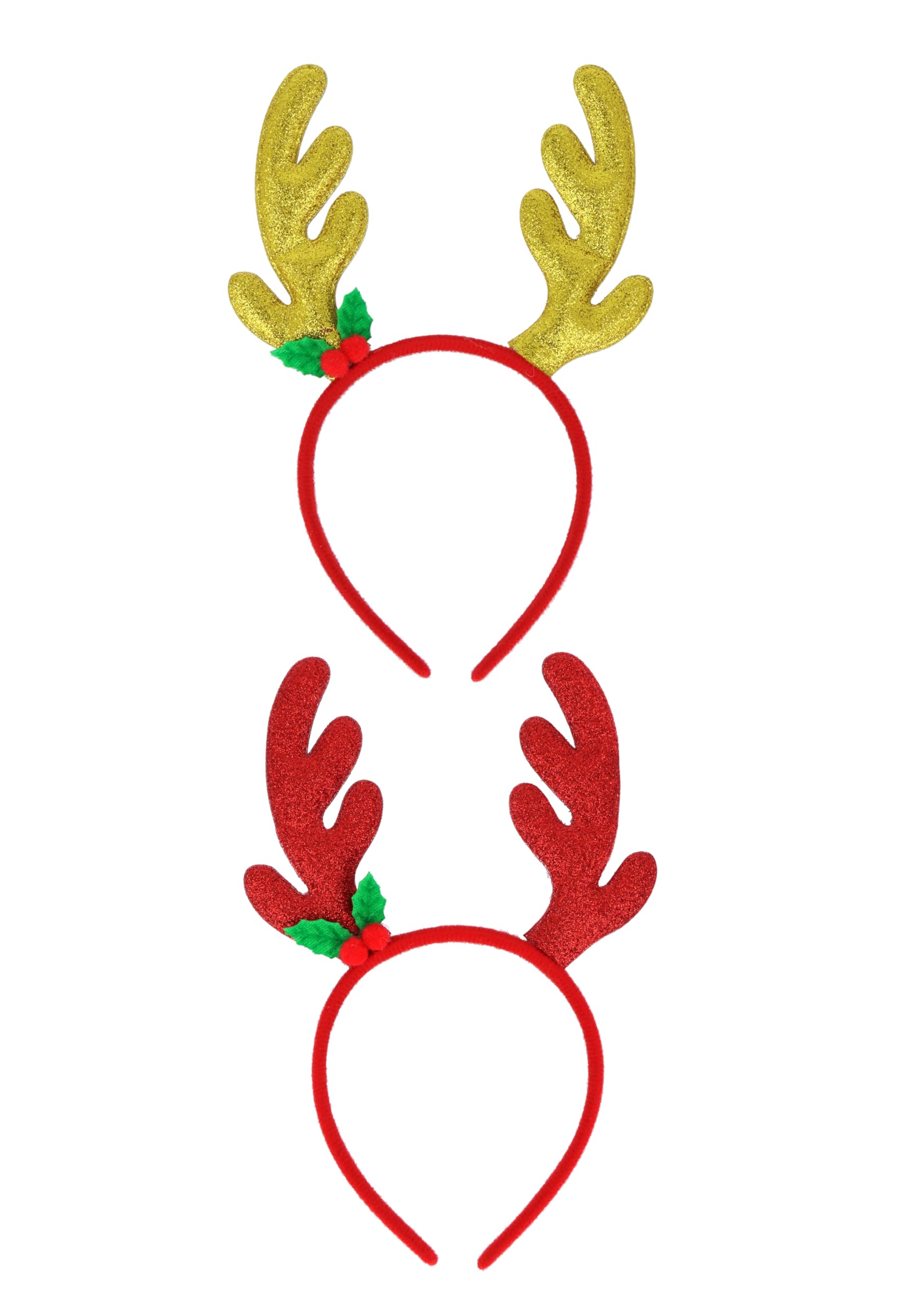 HENBRANDT 12 x Christmas Glitter Reindeer Antler Headband with Felt Holly 16cm, Multicolour