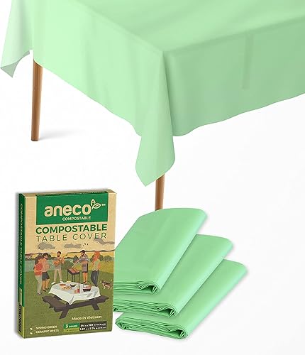 ANECO Manteles 100% compostables para mesas rectangulares (54 x 108 pulgadas, 3 unidades) Mantel rectangular desechable verde Mantel de mesa