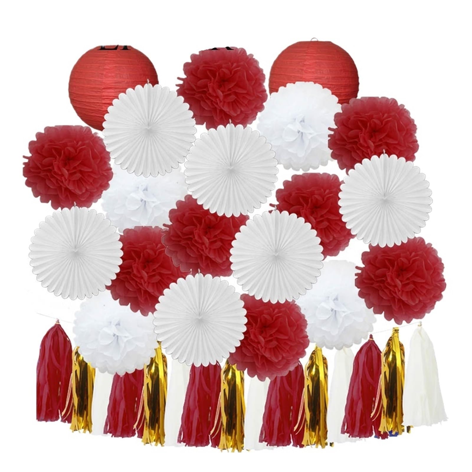 Paper Lanterns Boy Birthday Party Favor Hanging Paper Lantern Fan Wedding Decor Blue White Set Tissue Pompom Tassel(Red Set)