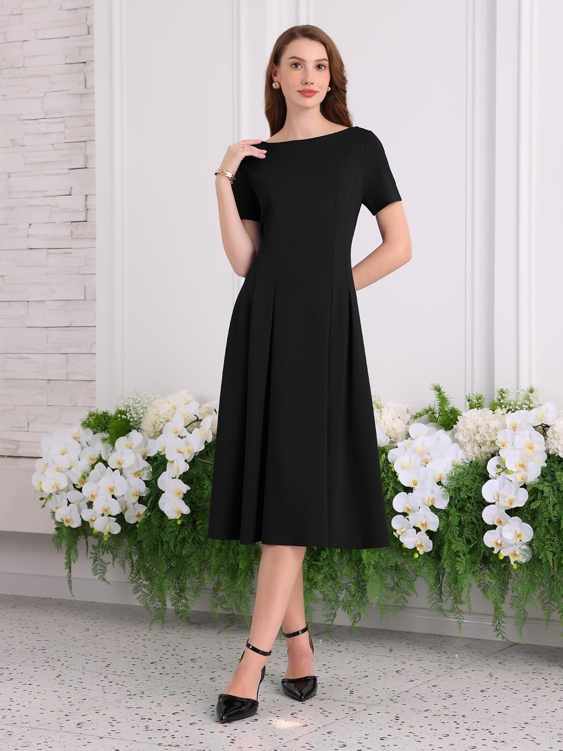 Hobemty Women's Boat Neck Dresses Church Work A-Line Midi Dress