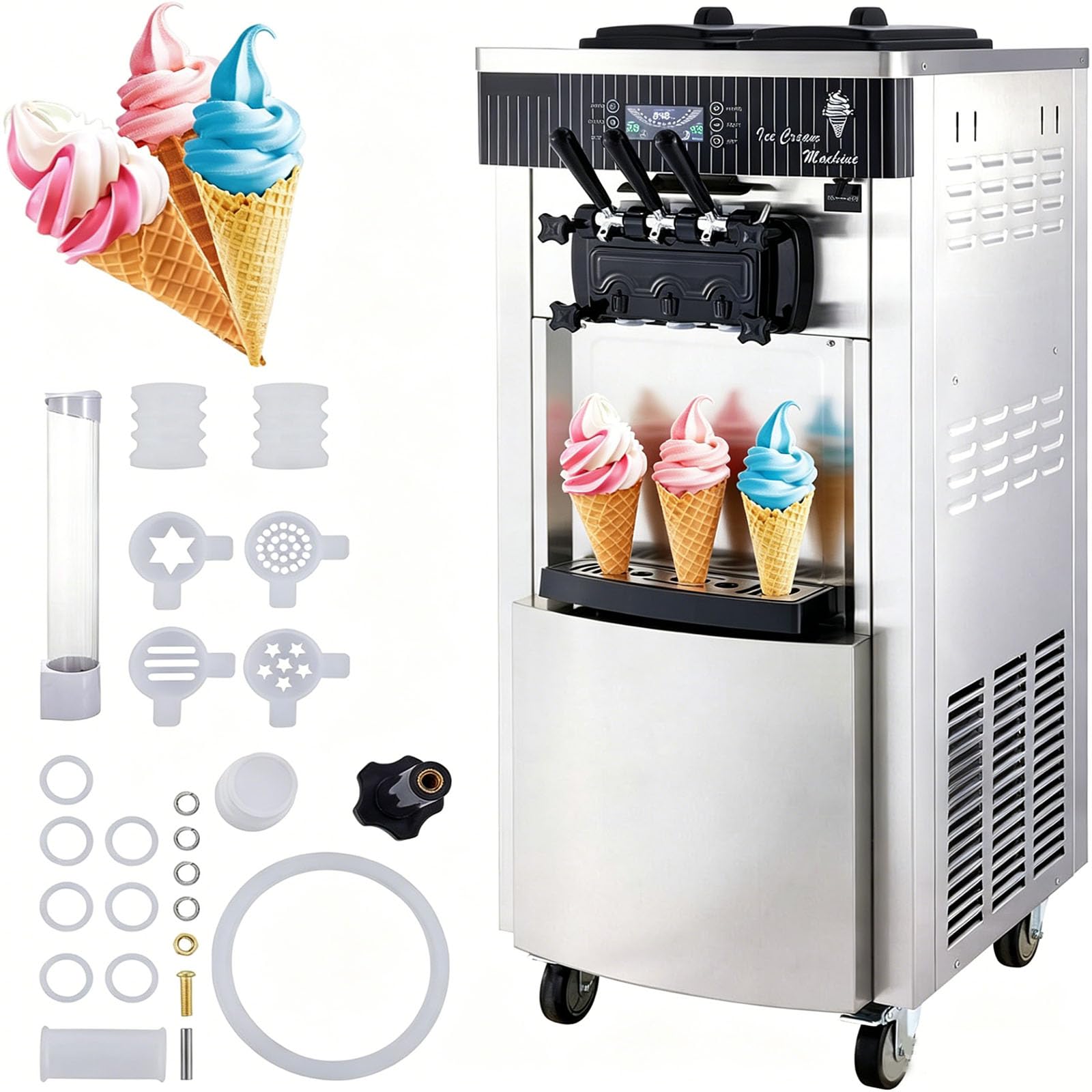 Machine à Crème Glace Molle Commerciale 2200W, 20-28L/5.3-7.4 Gal, Machine à Crème Glacée avec Écran LED, 2 cylindre&3 Saveurs, pour Glacier Camion-Restaurant (8228HP)
