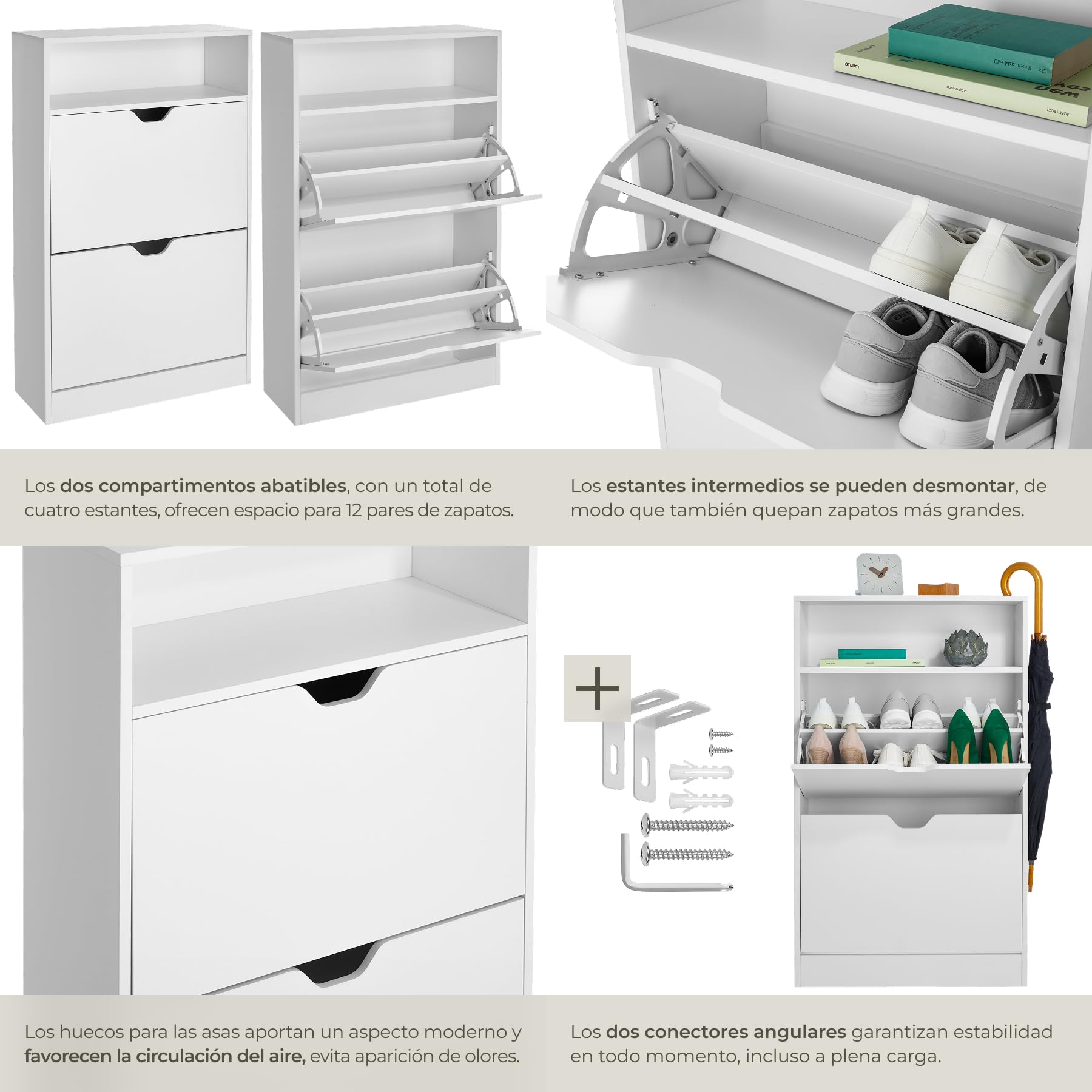 tectake® Moderno Zapatero con 2 Cajones Abatibles y 4 Niveles, Capacidad 12 Pares de Zapatos, 60x24x102 cm Estanteria Abierta, Antivuelco, Montaje Sencillo, Organizador, Estrecho - Blanco