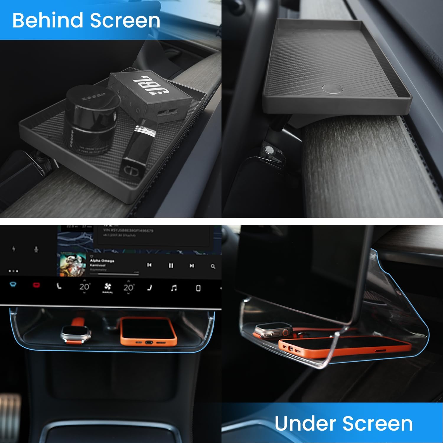 Center Console Organizer Tray for Tesla Model Y Accessories 2024-2020 Model 3 2023-2016, Magnetic Under Screen Storage Box Behind Screen Tray, Dashboard Organizer Tissue Holder, Easy Install