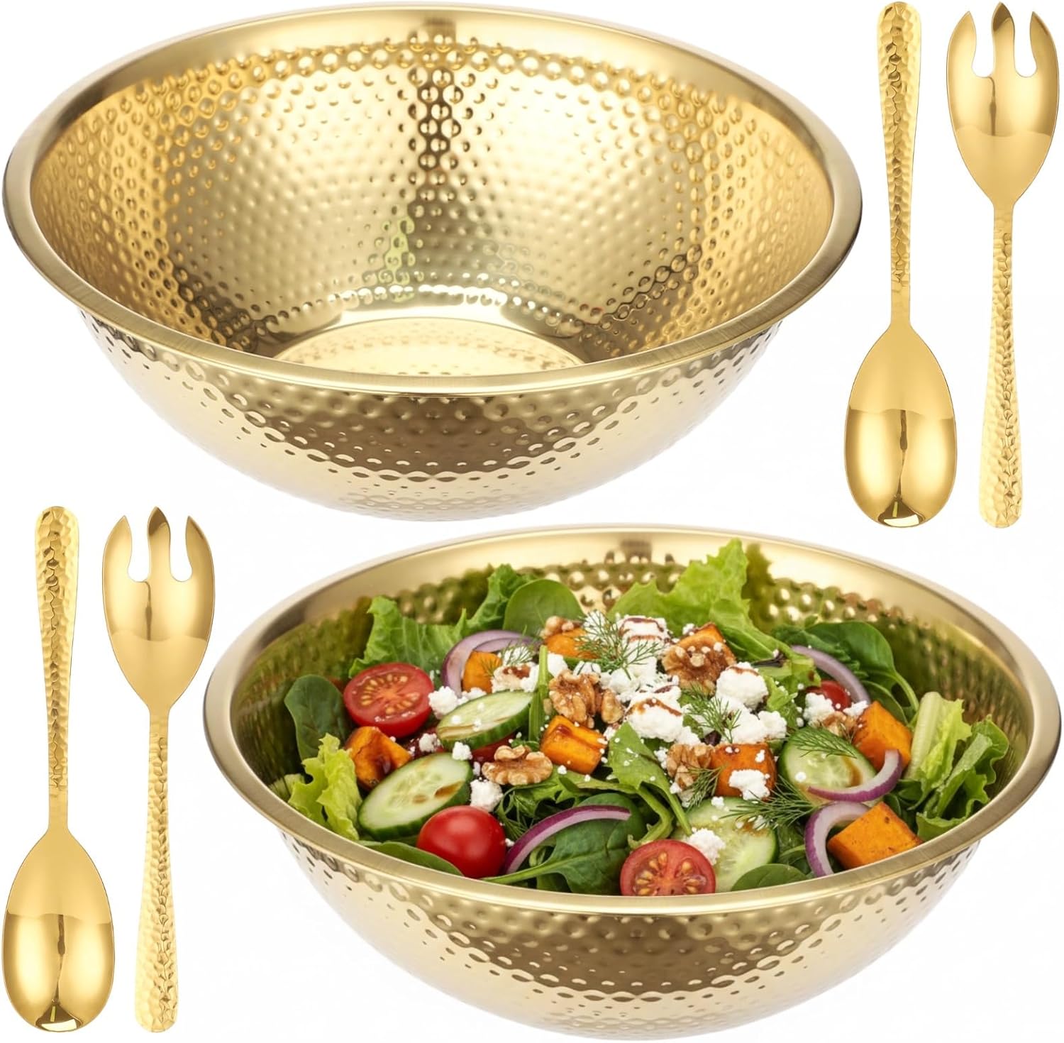 Hammered Stainless Steel Salad Bowl Set, 13 Inch With Utensils, 2 Bowls For Food Prep, Soup Storage, Kitchen Cooking And Serving
