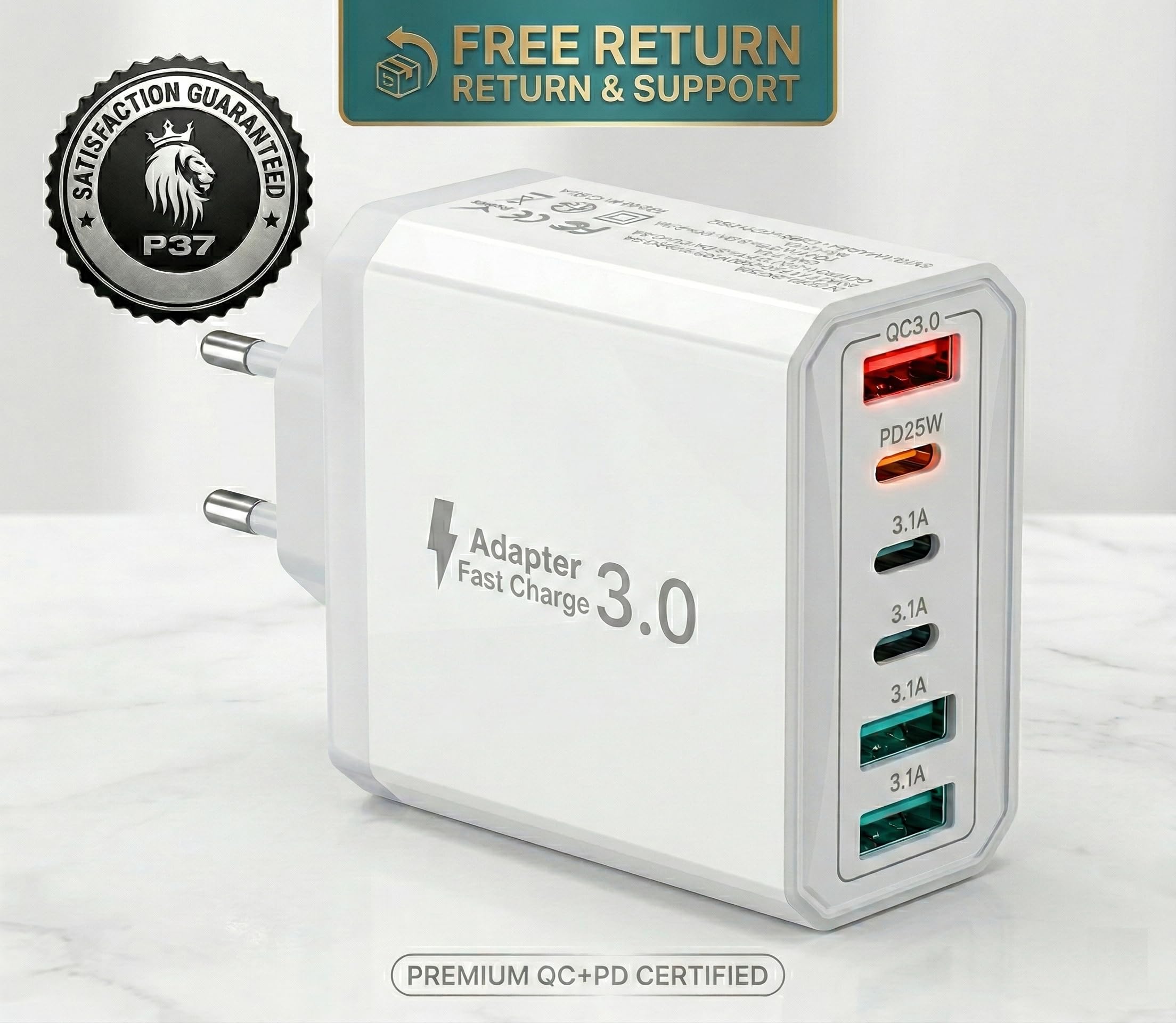 P37 USB-oplader, snellader, snellader, 3.0, 40 W, 6 A, 4 poorten, voeding, wandstopcontact, snel opladen QC 3.0 voor Samsun, Xiaomi, Realme, Huawei, Oppo, iPhones, Honor