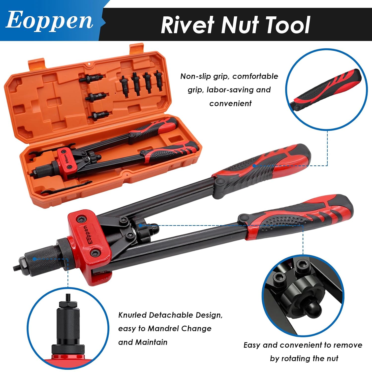 Rivet Nut Tool Kit, 14 Inch Rivnut Tool Kit with 8 Metric and SAE Mandrels (M5, M6, M8, M10, 1/4-20, 5/16-18, 3/8-16) and 500Pcs Rivet Nuts with a Step Drill Bit and Rugged Carrying Case