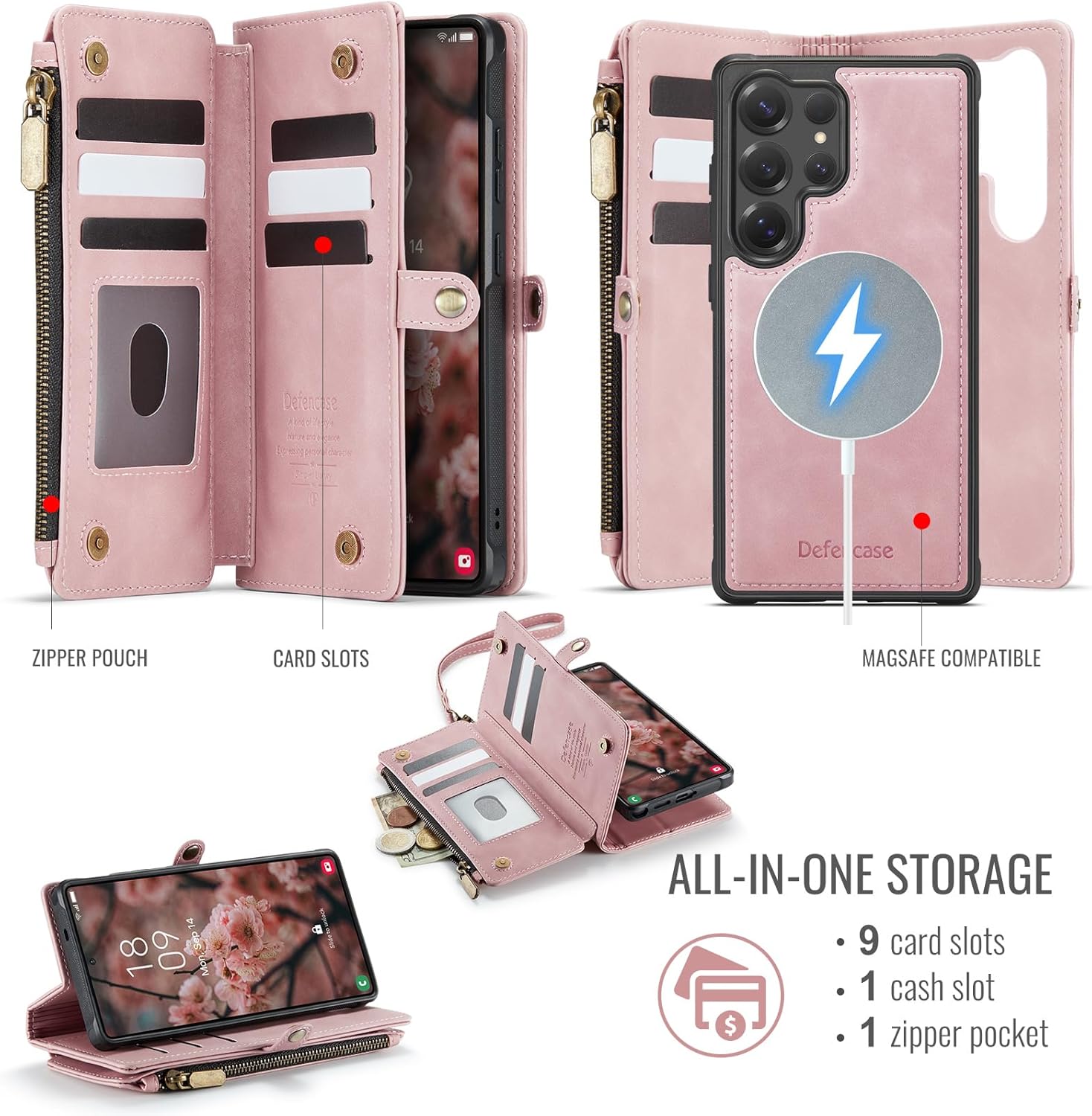 Defencase for Samsung Galaxy S25 Ultra Magnetic Wallet Case Compatible with Magsafe with RFID Blocking Zipper & Card Holder Women, PU Leather Detachable Phone Case for Galaxy S25 Ultra 6.9", Rose Pink - Image 2