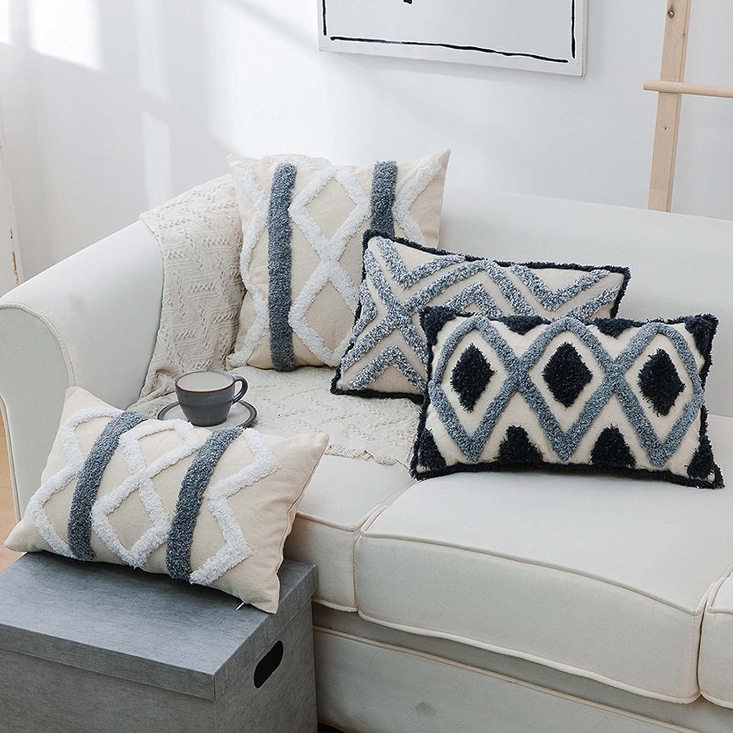 Woven Tufted Boho Cushion Cover Set of 2 Geometric Diamond Lumbar Decorative Throw Pillow Cover for Couch Sofa Bedroom Living Room, Oblong Pillowcase (Lumbar A, 12 x 20 inch)