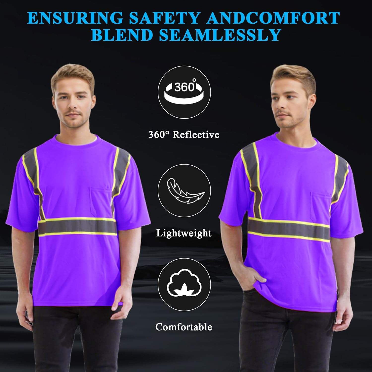 W&H Hi Vis Safety Short Sleeve Shirts Class 2 Reflective Birdeyes Fast Dry Breathable with Black Base for Work